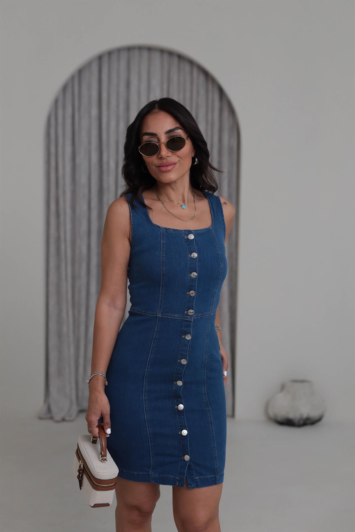 7155 Önü Düğmeli Kalın Askılı Jean Elbise MAVİ