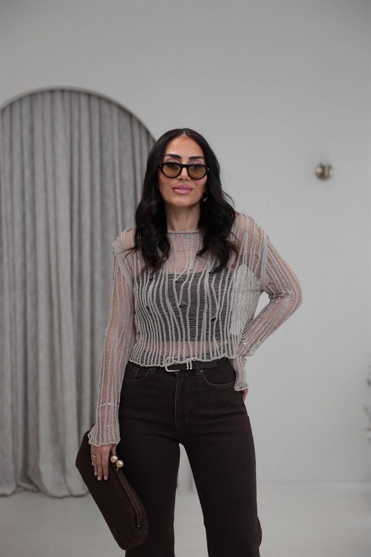 4490 Ajurlu Geniş Yaka Triko Bluz BEJ