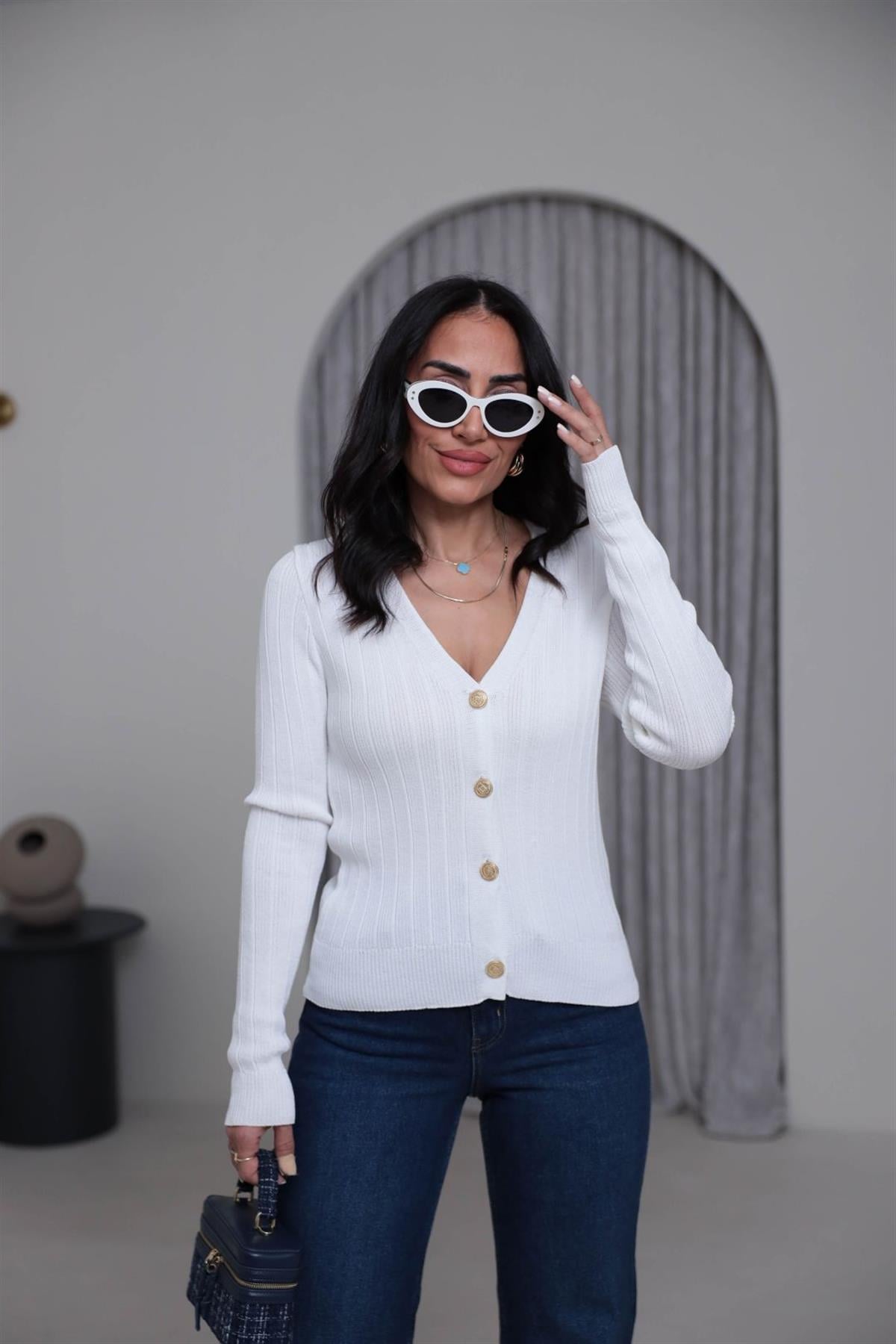 4883 Gold Düğmeli V Yaka Triko Hırka EKRU