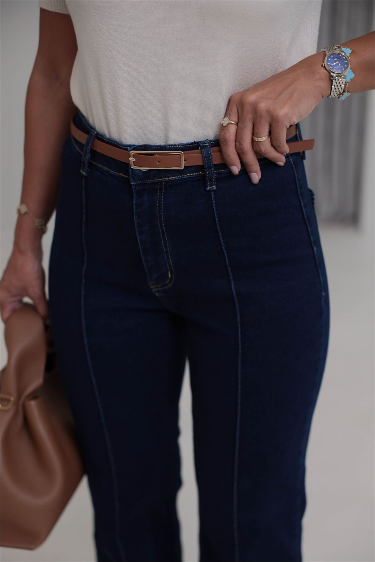 2628 Kemerli Önü Çimalı Denim Pantolon KOYU MAVİ