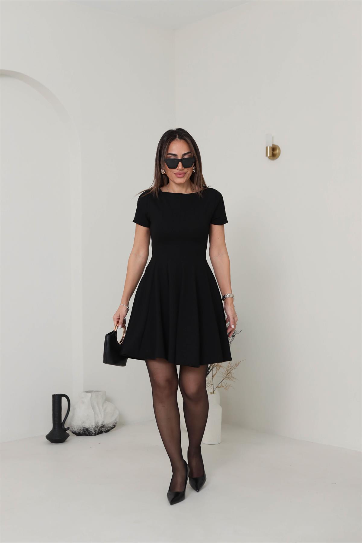 3680 Likralı Kısa Kol Kloş Elbise SİYAH