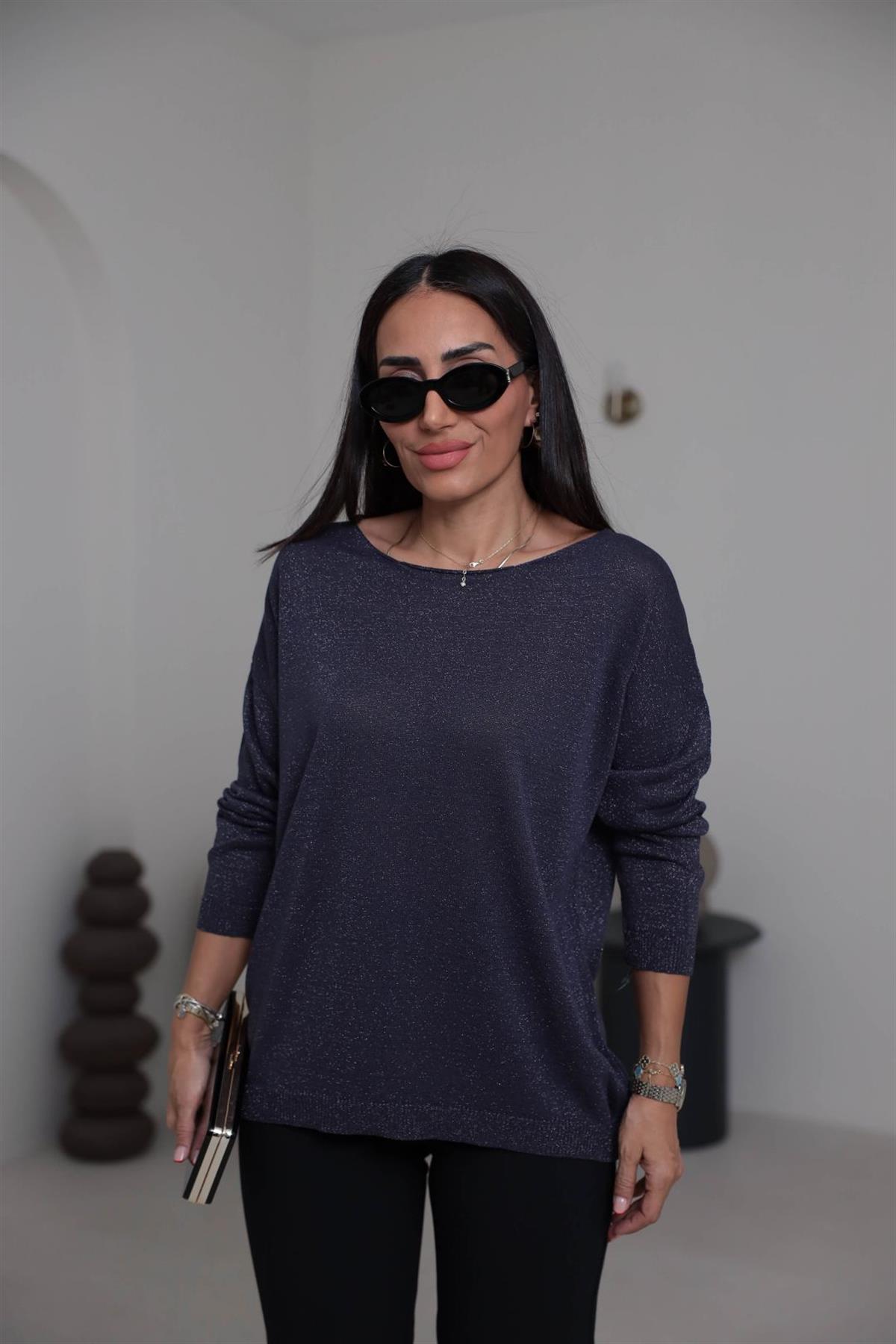 Kayık Yaka Simli Bluz FÜME