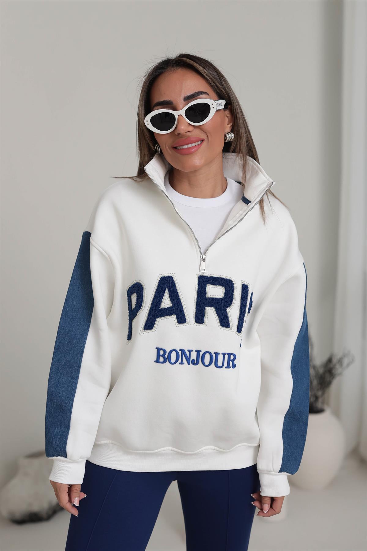 5642 Paris Denim Detay Şardonlu Sweatshirt EKRU