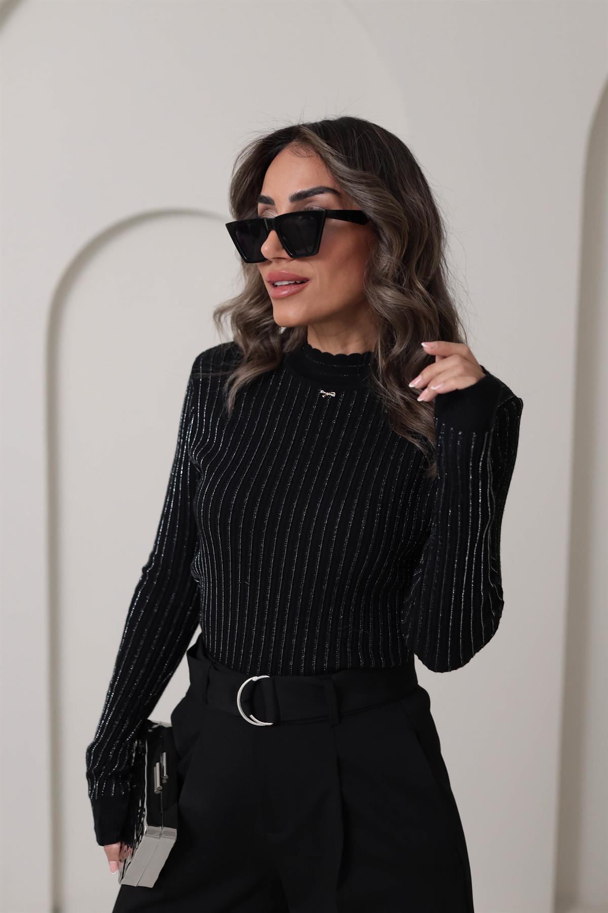 0249 Fitilli Sim İplikli Kurdele Detaylı Triko SİYAH