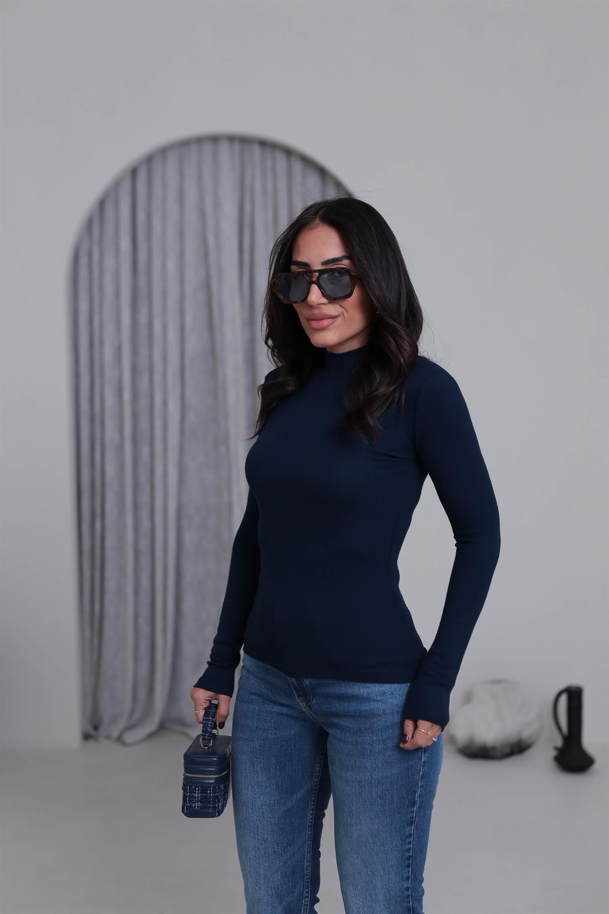 4144 Balıkçı Yaka Uzun Kol Bluz LACİVERT