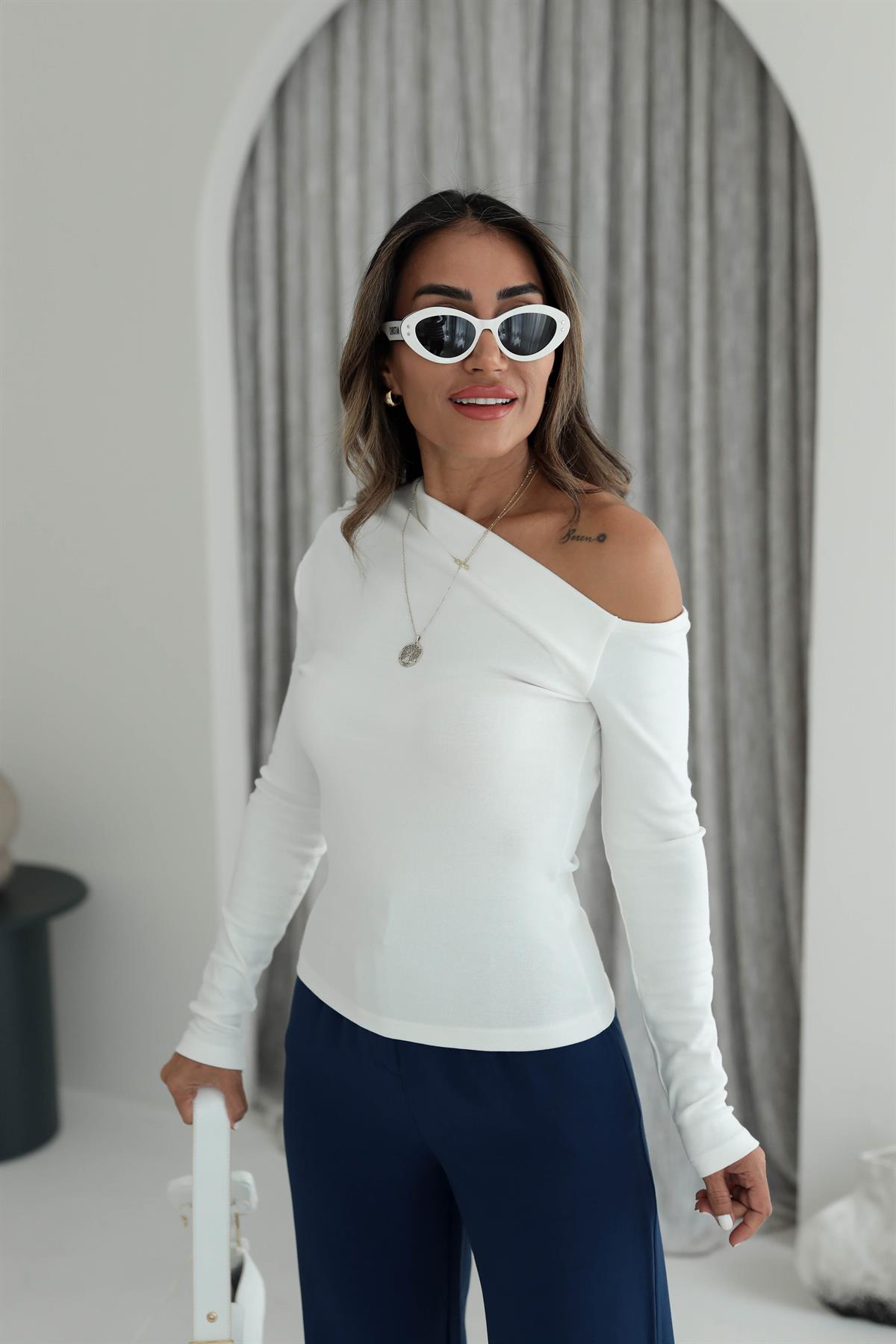 6130 Çapraz Yakalı Uzun Kol Bluz EKRU