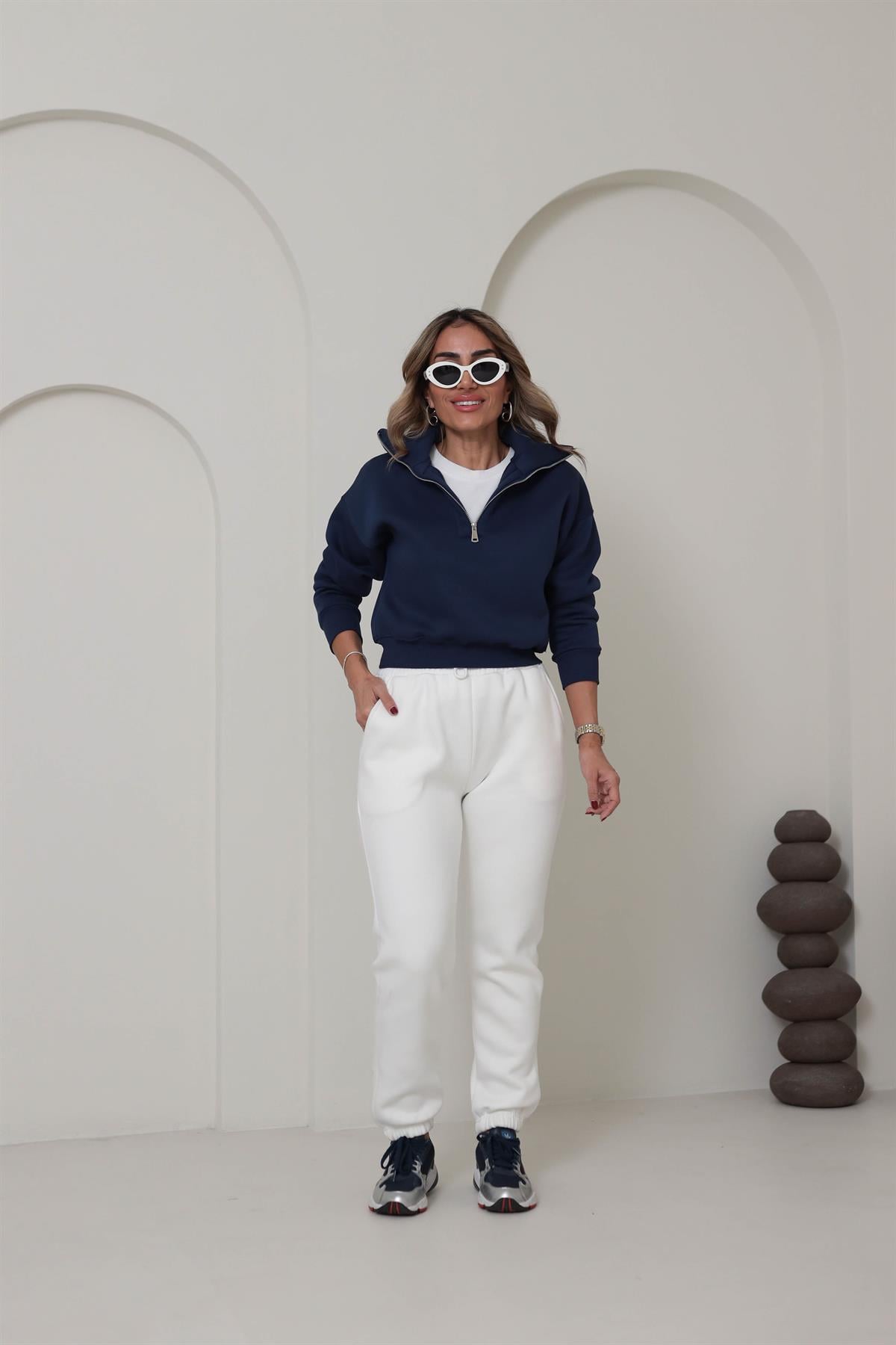 132 Fermuar Detaylı Crop Sweatshirt LACİVERT