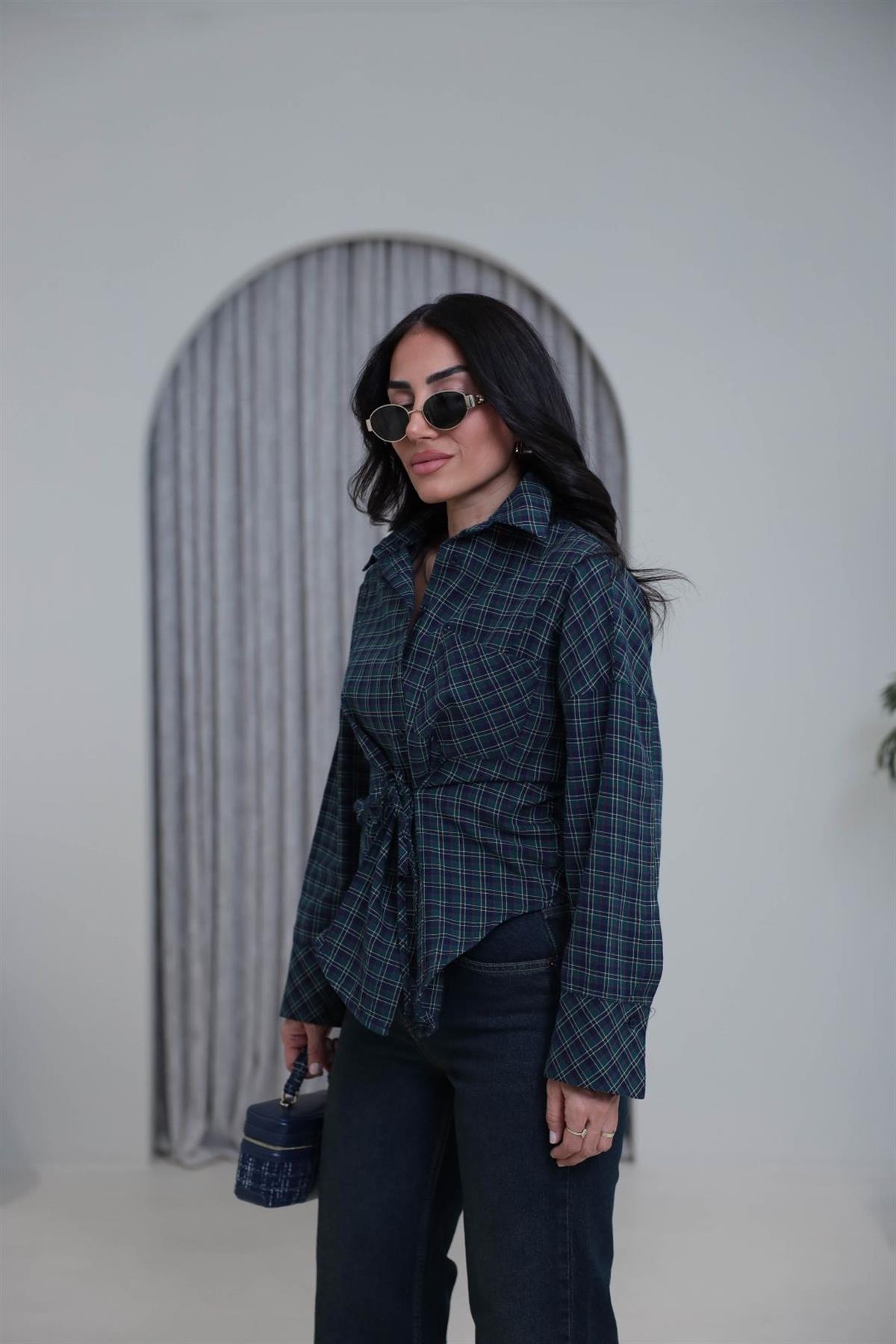 7473 Bağlama Detaylı Ekose Gömlek KOYU YEŞİL