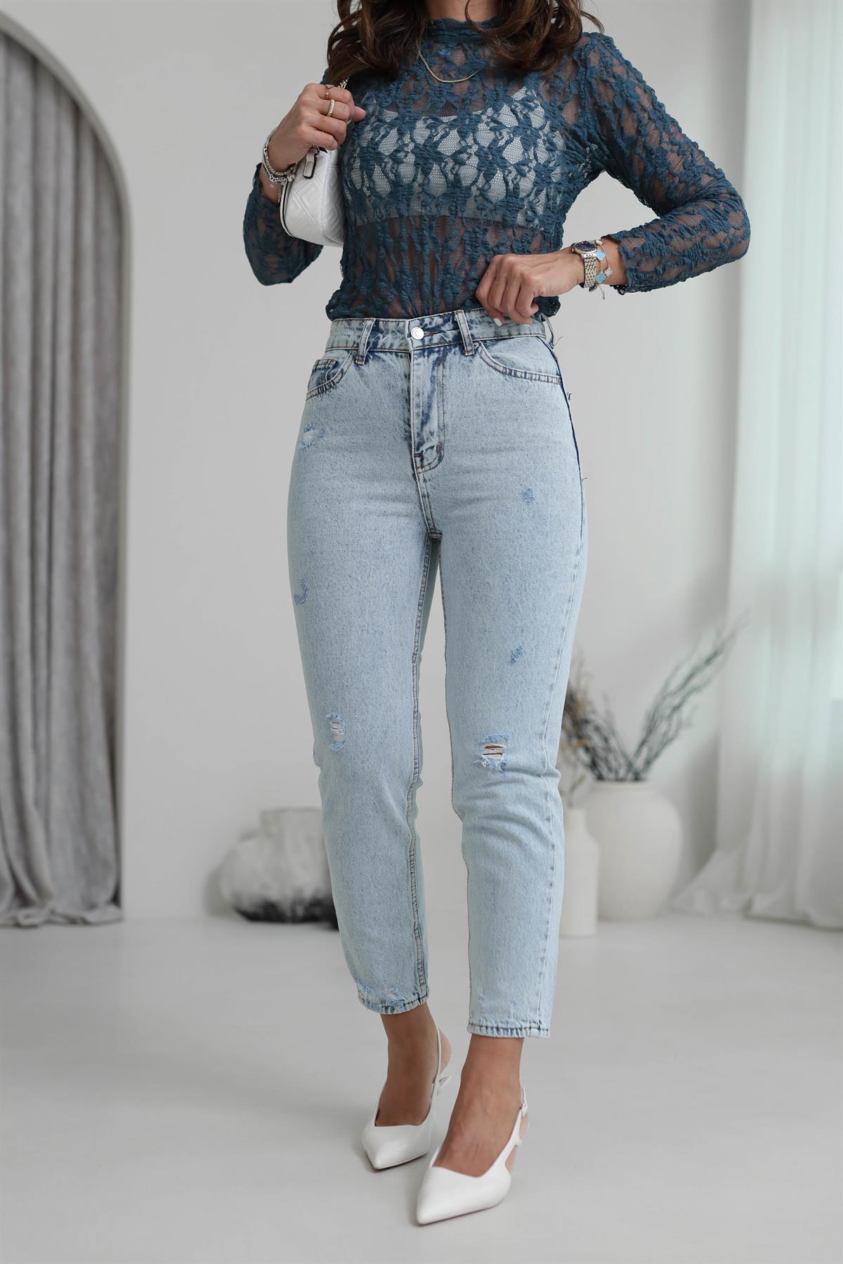 4670 Mini Yırtık Detaylı Jean BUZ MAVİ