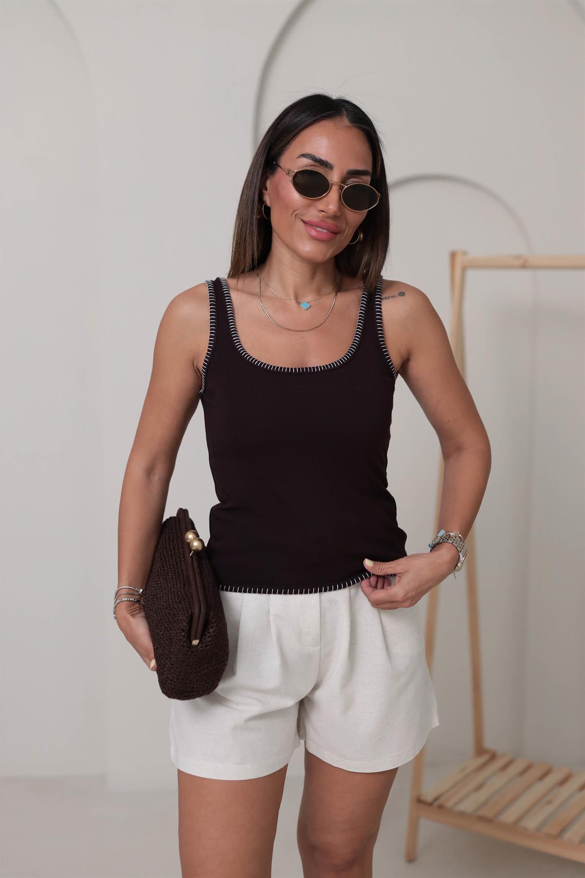 Süs Dikiş Detay İpek Triko Atlet KAHVE