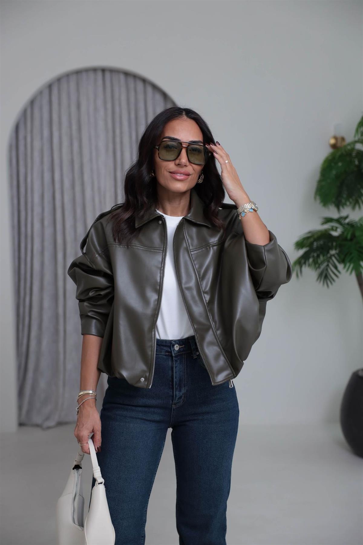 4221 Gömlek Yaka Suni Deri Bomber Ceket HAKİ YEŞİL