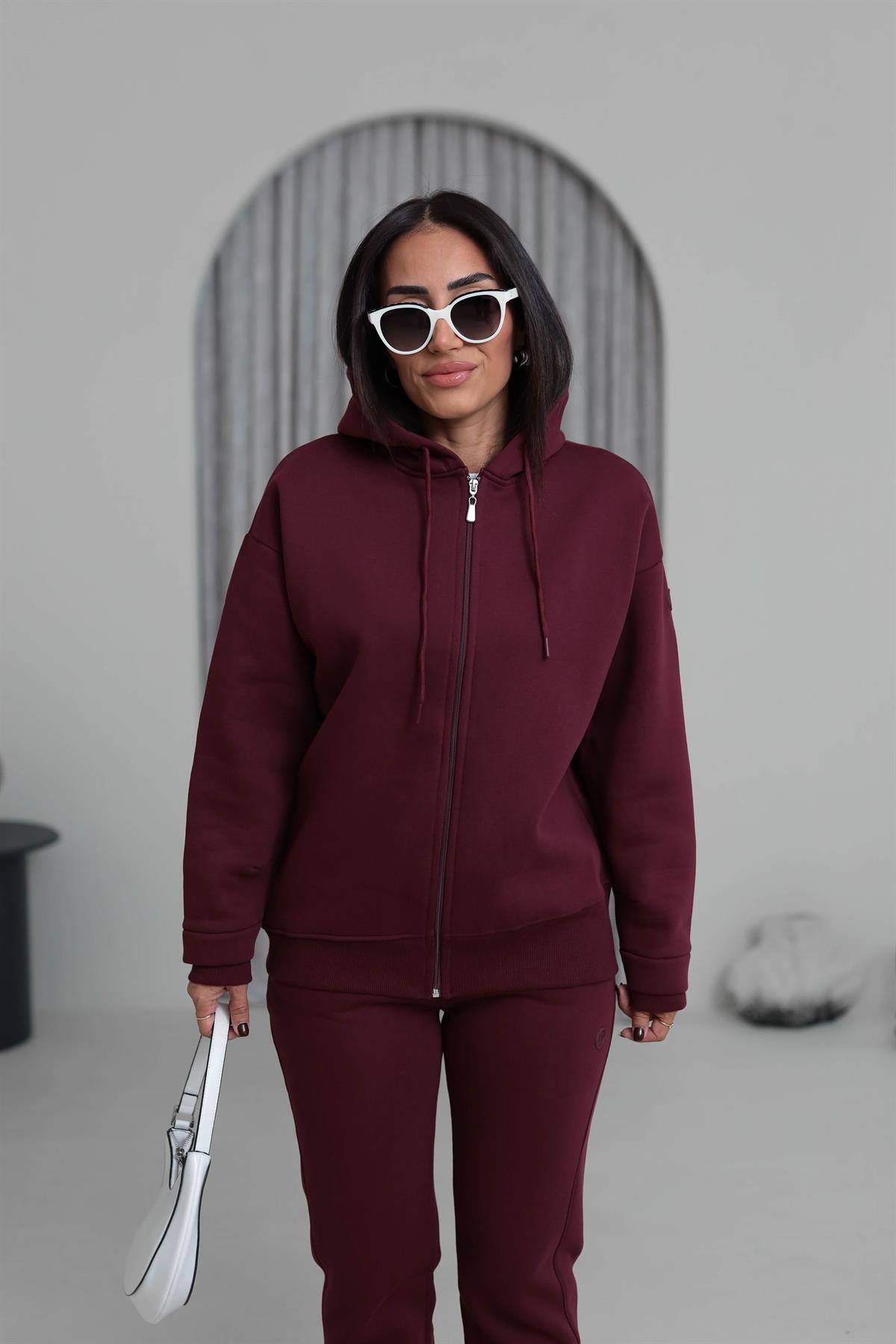 7316 Kapşonlu Fermuarlı Şardonlu Sweatshirt BORDO