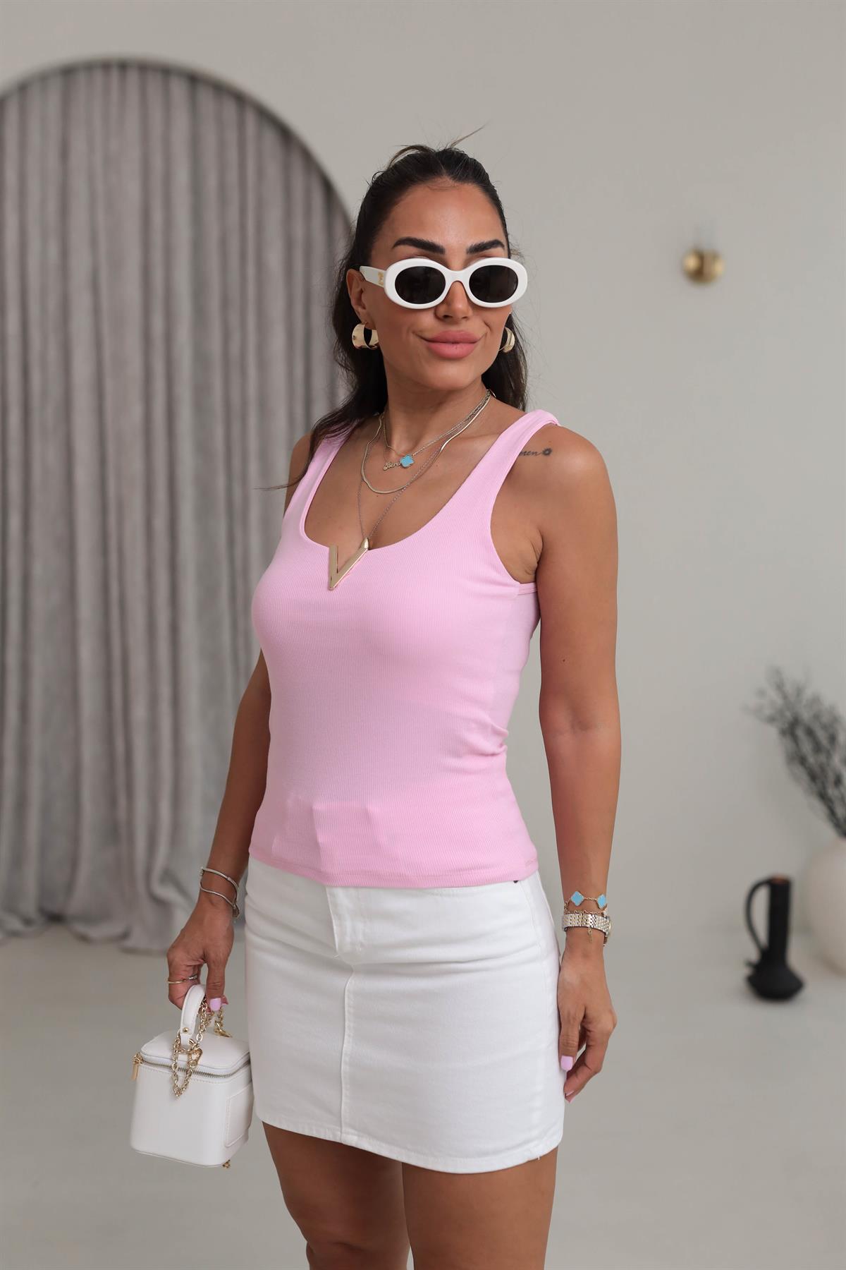 6143Y Pamuklu V Gold Detaylı Atlet PEMBE