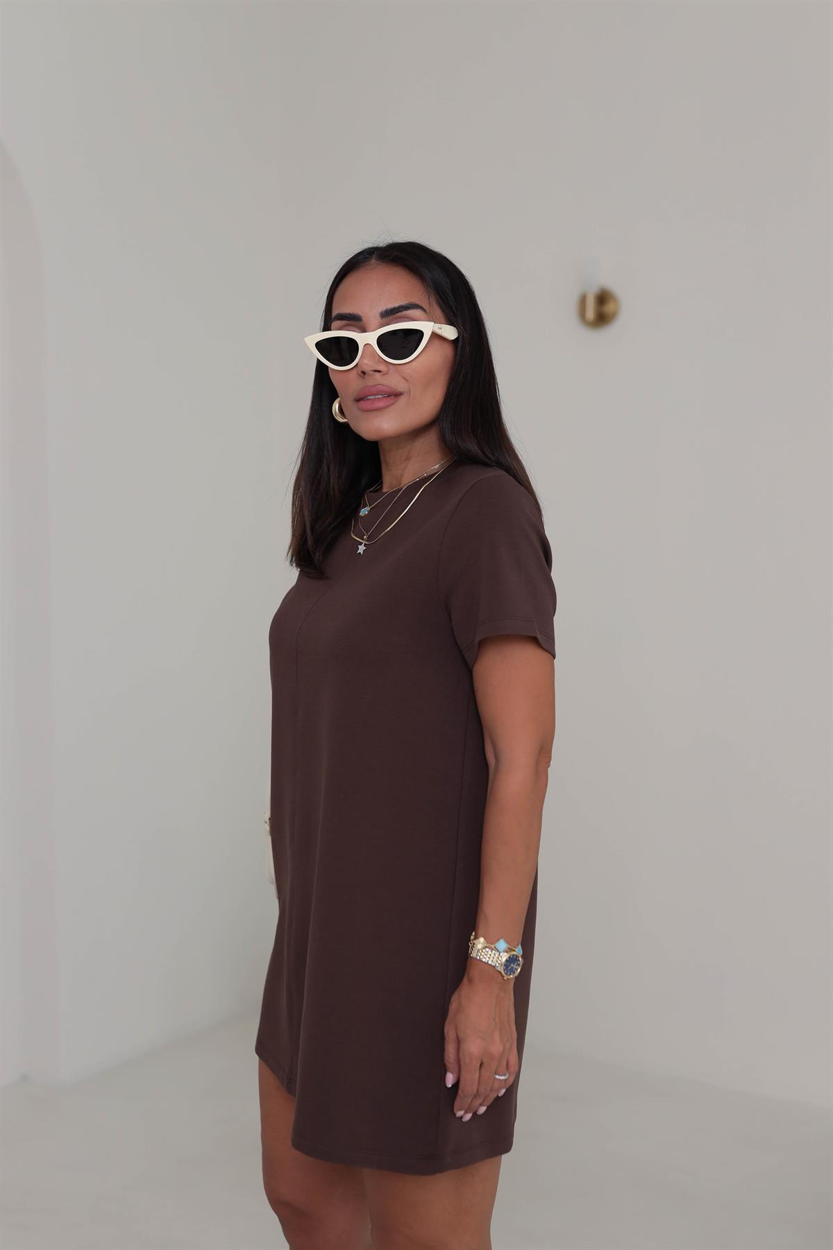 1523 Ön Dikiş Detaylı Penye Elbise KAHVE