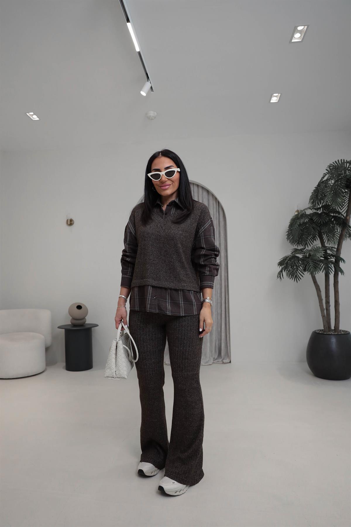 6596 Ekose Gömlek Detay Triko Takım KAHVE