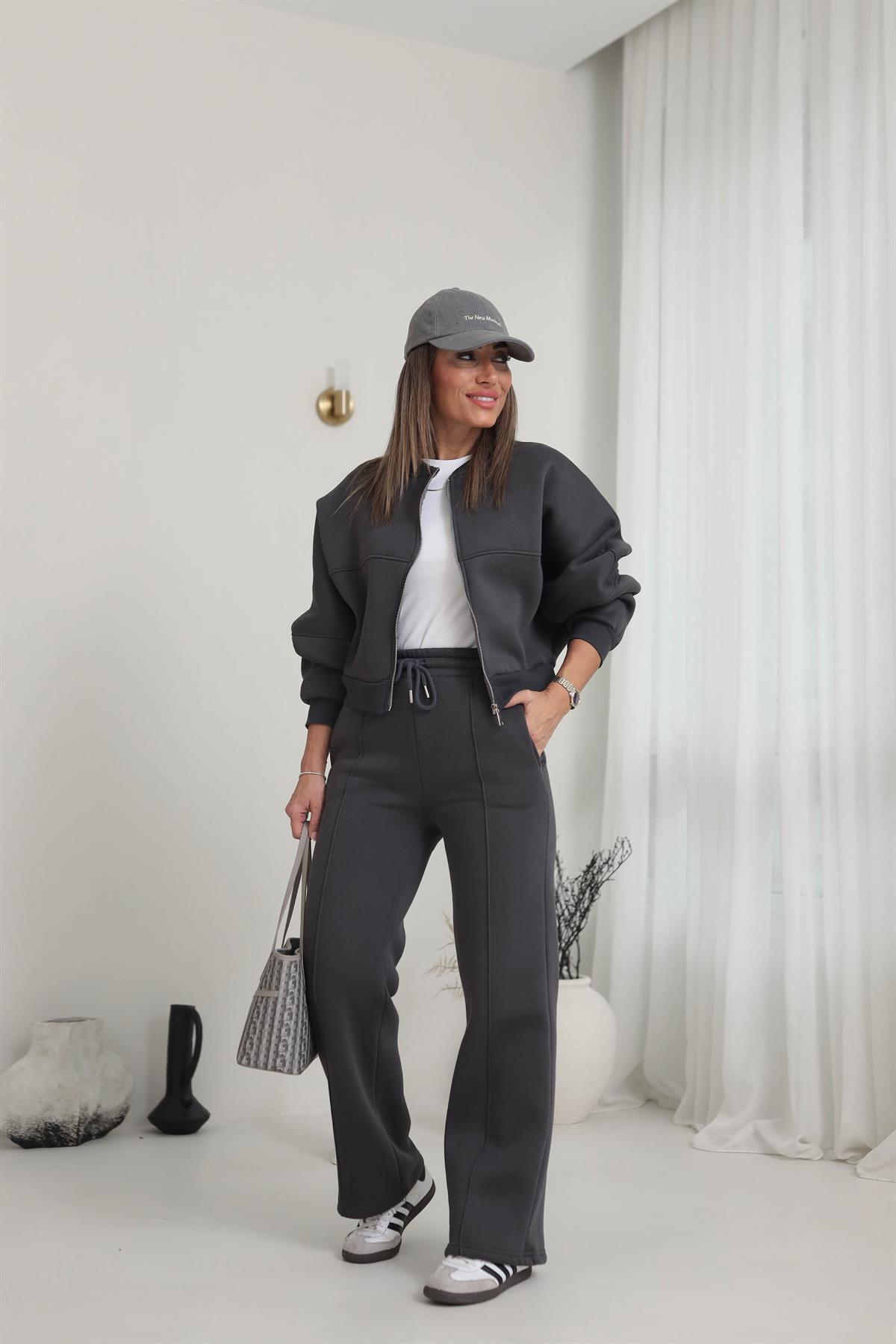 Fermuarlı Çimalı 3iplik Şardonlu Takım ANTRASİT