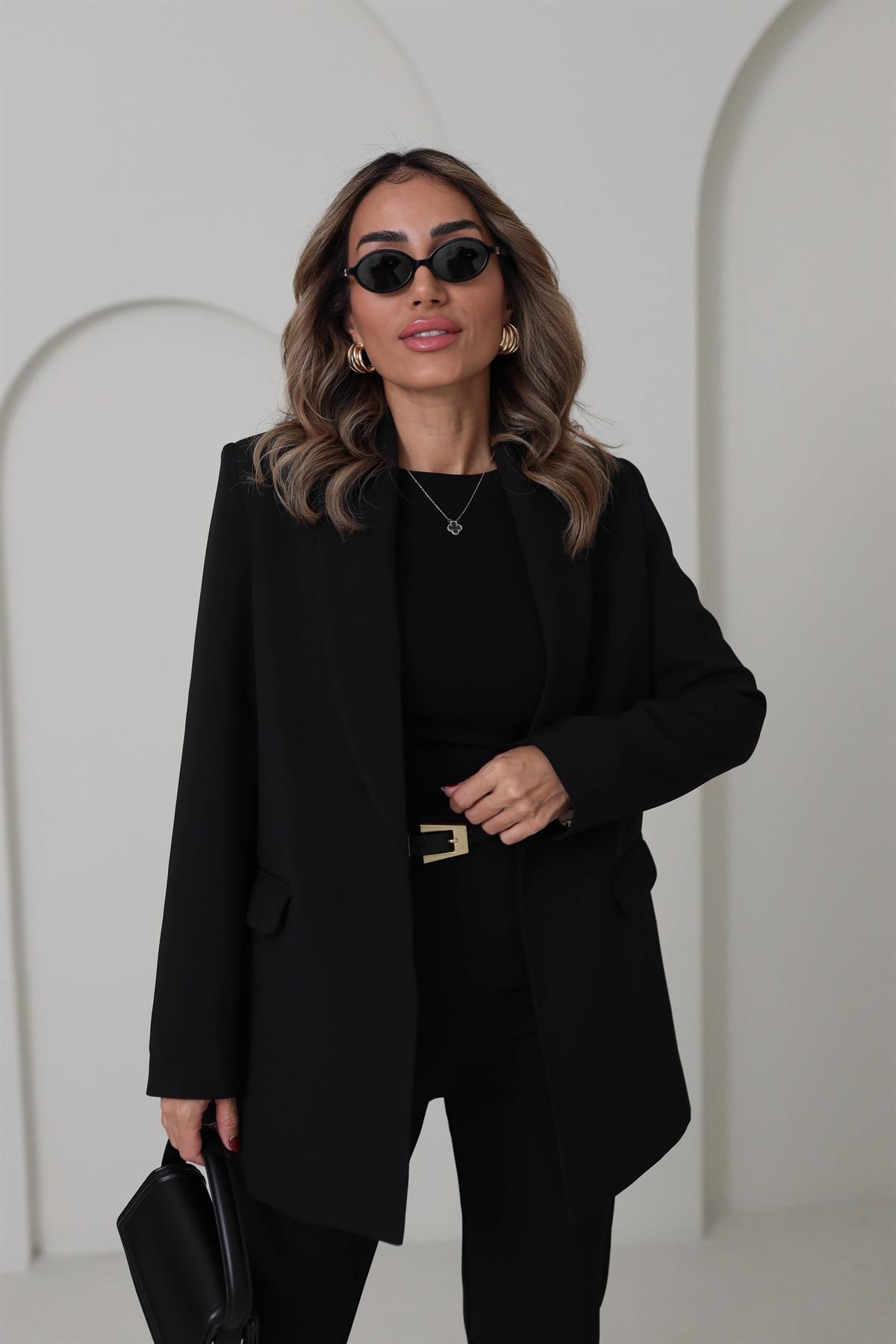 9227Y Leopar Astarlı Şal Yaka Ceket SİYAH