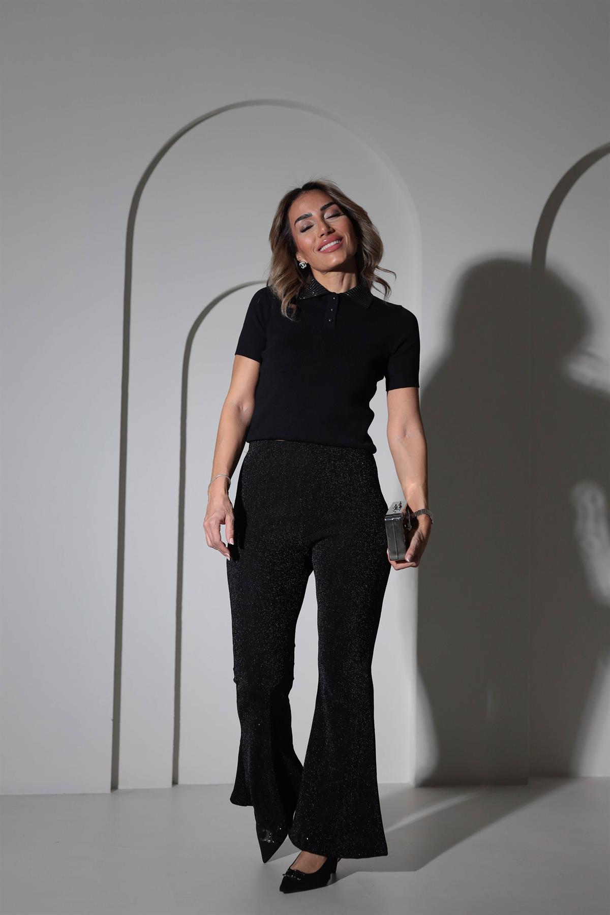 9417 Taşlı Pırıltılı İspanyol Paça Likralı Pantolon SİYAH