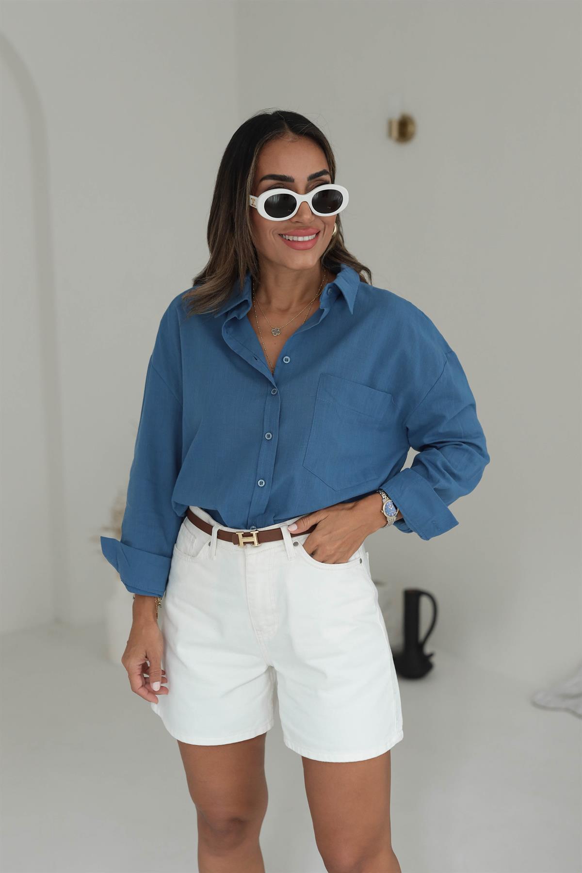 4719 Cep Detaylı Keten Gömlek