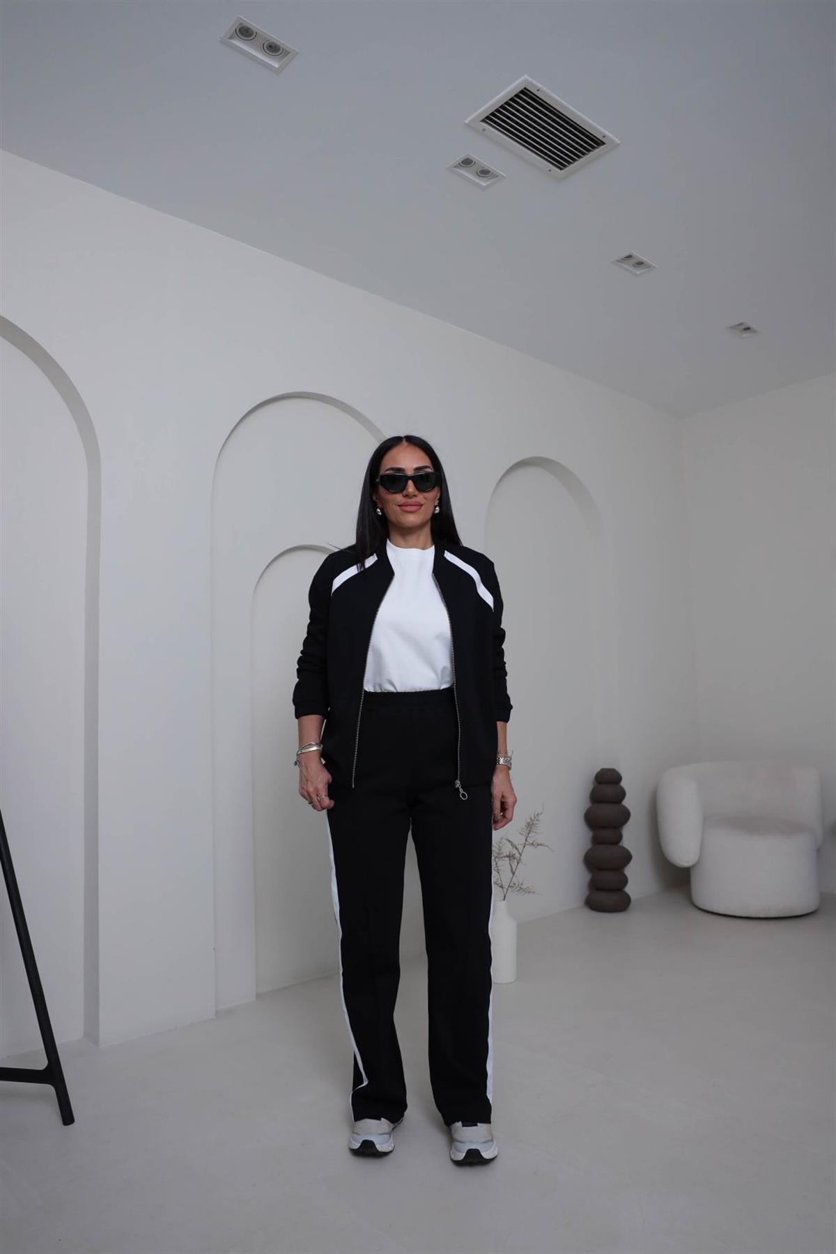 2031 Şerit Detay Fermuarlı Pike Kumaş Takım SİYAH