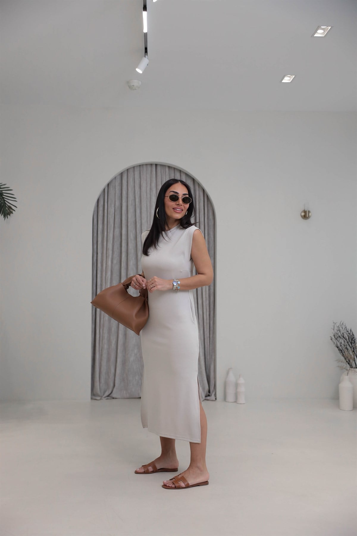 4254 Kol Detaylı Modal Rahat Elbise TAŞ