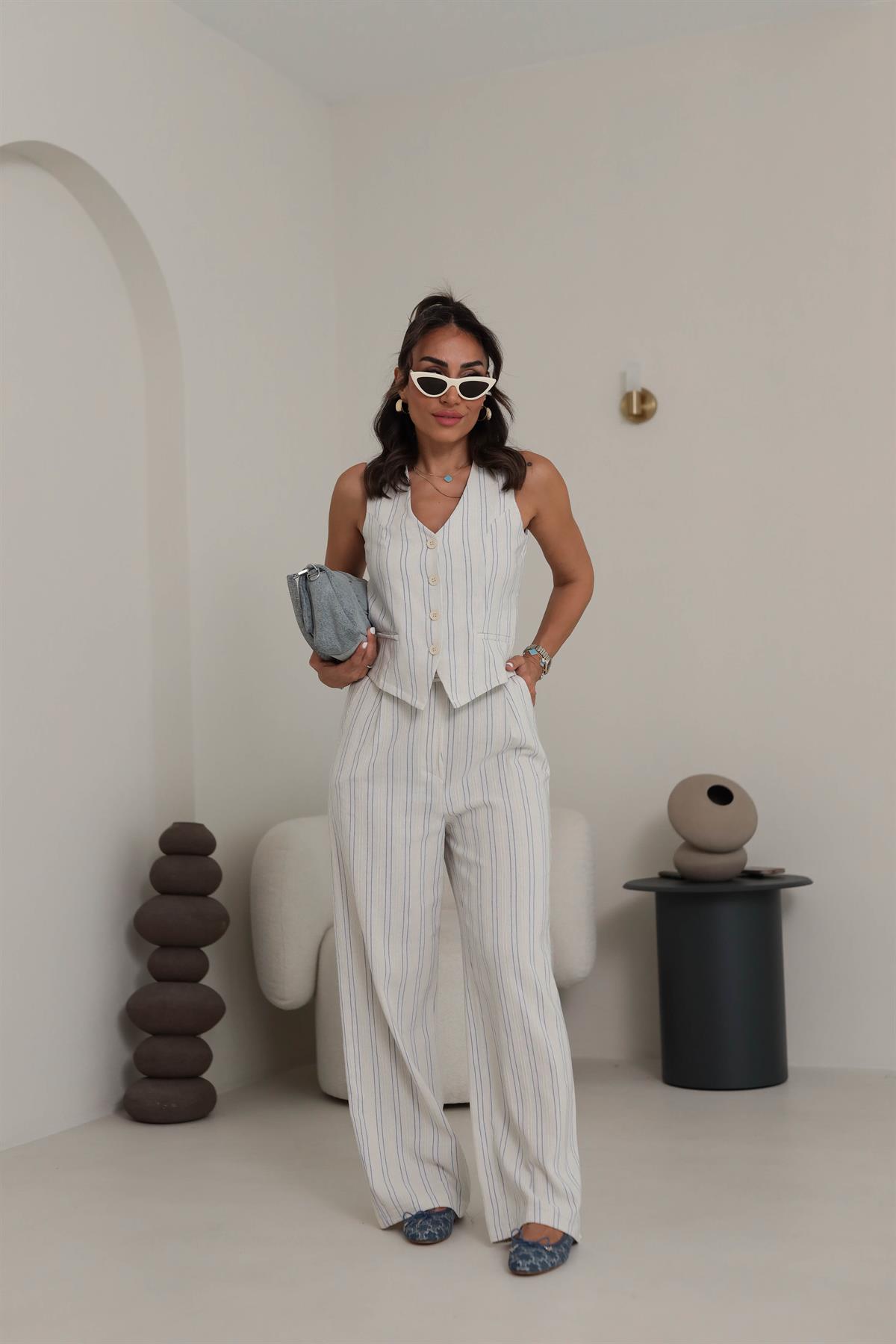 6159 Keten Kumaş Çizgili Yelek Takım EKRU