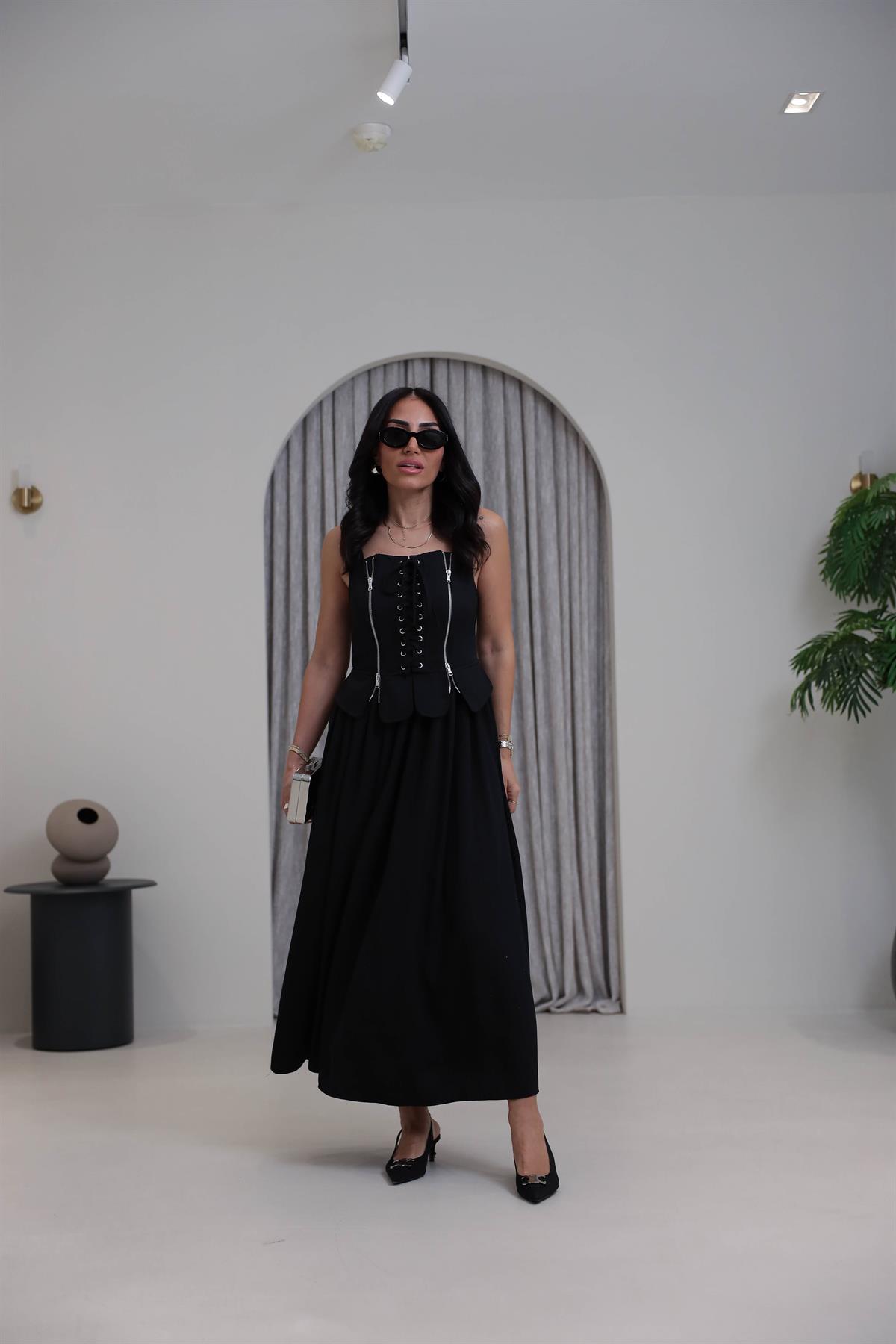 7150 Önü Fermuarlı Askılı Korsajlı Elbise SİYAH