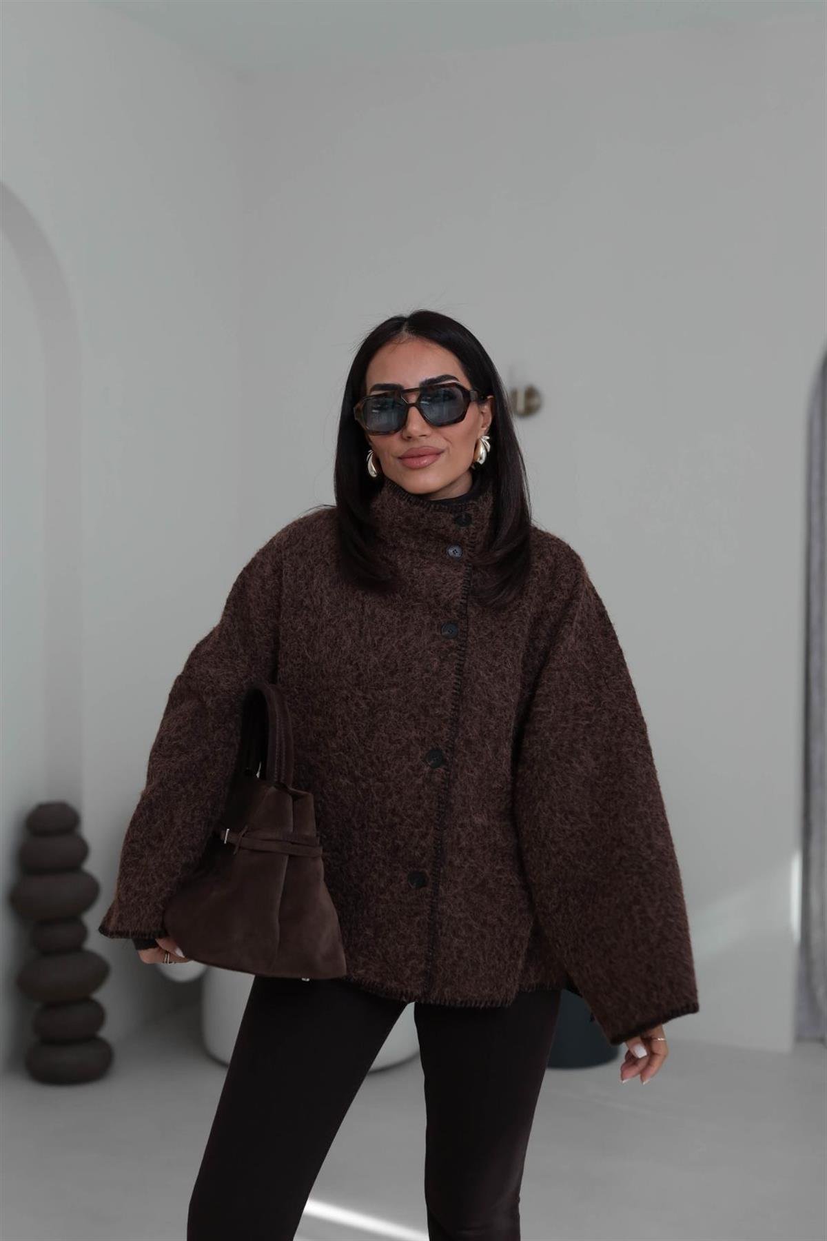 0563 Dikiş Detaylı Dik Yaka Kaşe Ceket ACI KAHVE