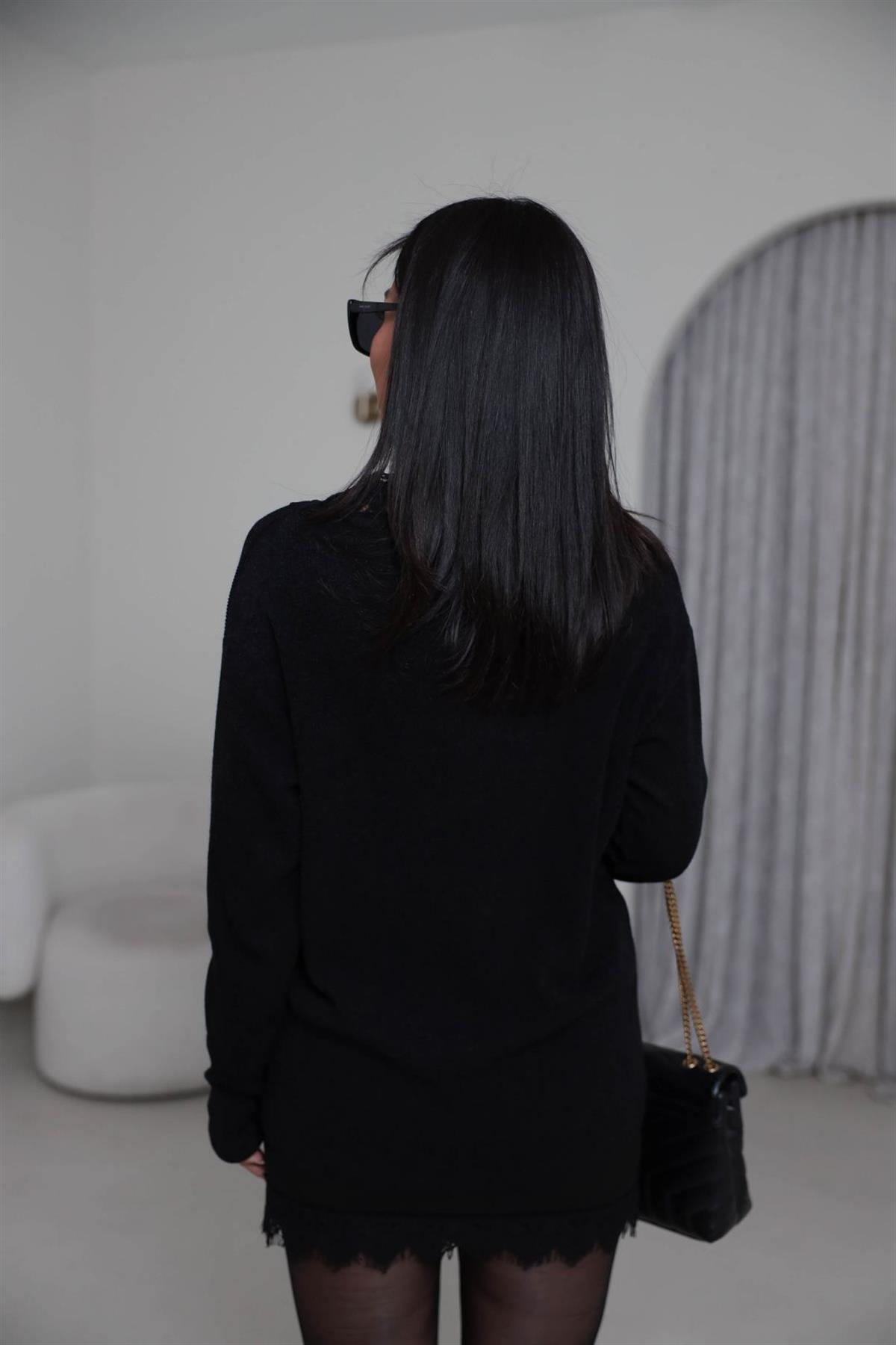 7296 V Yaka Dantelli Triko Kazak SİYAH