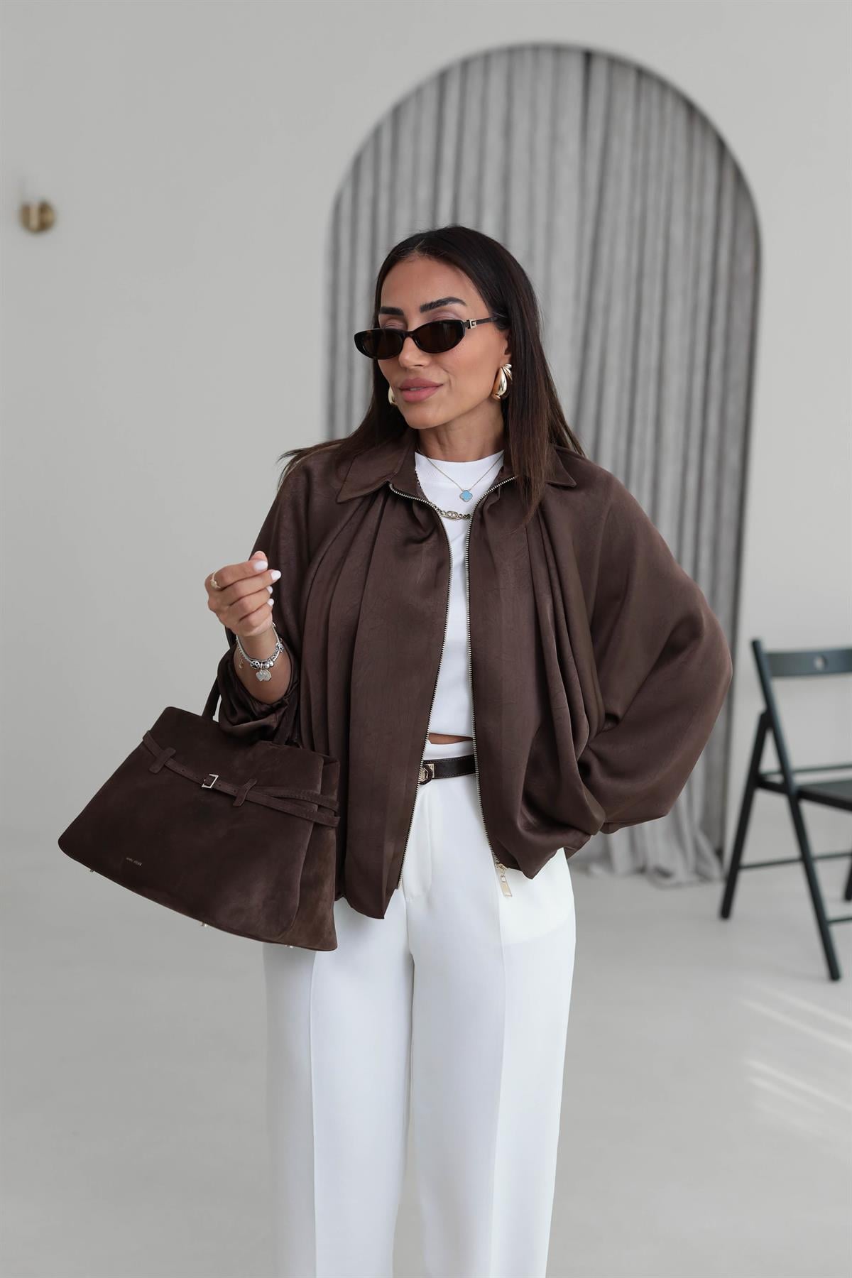 9584 Kendinden Desenli Saten Bomber Ceket KAHVE