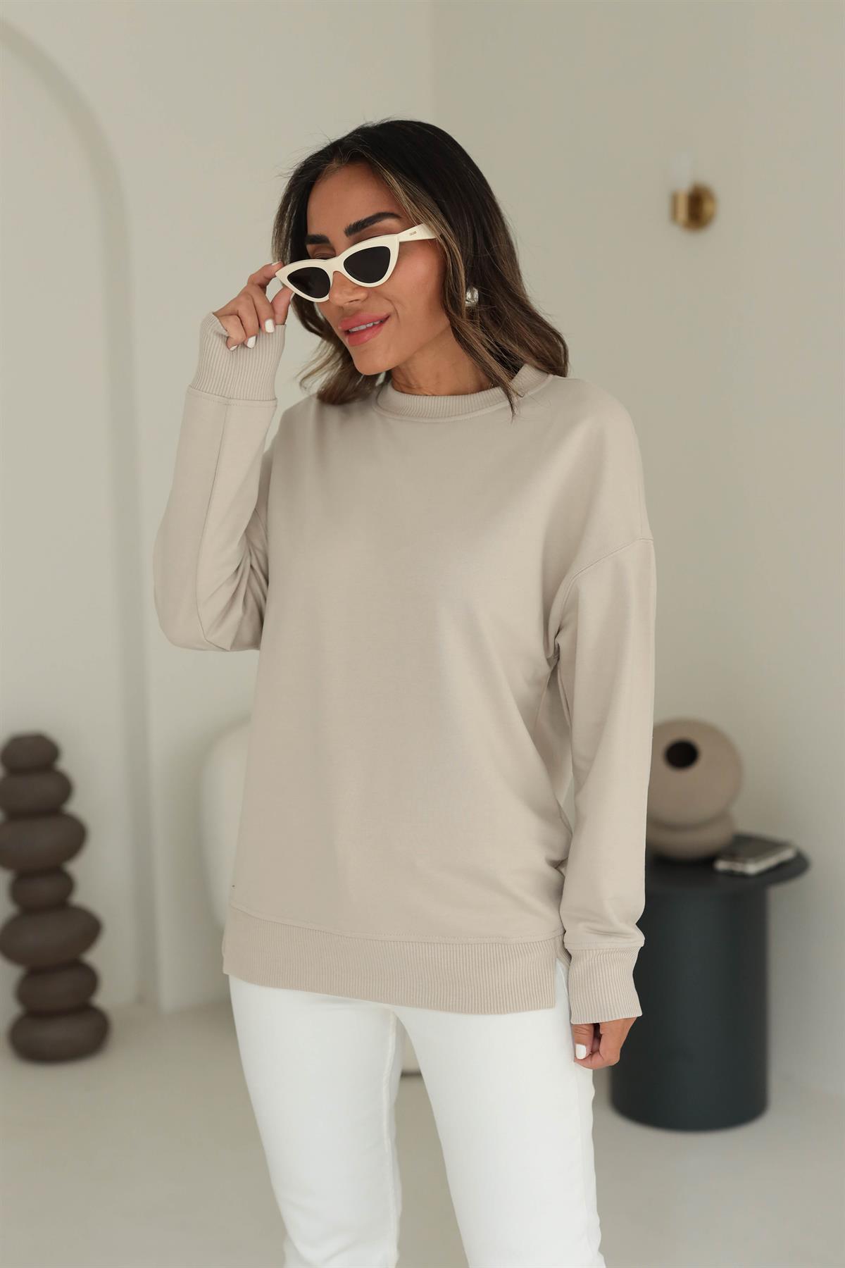 9002 Düz Basic Sweatshirt BEJ