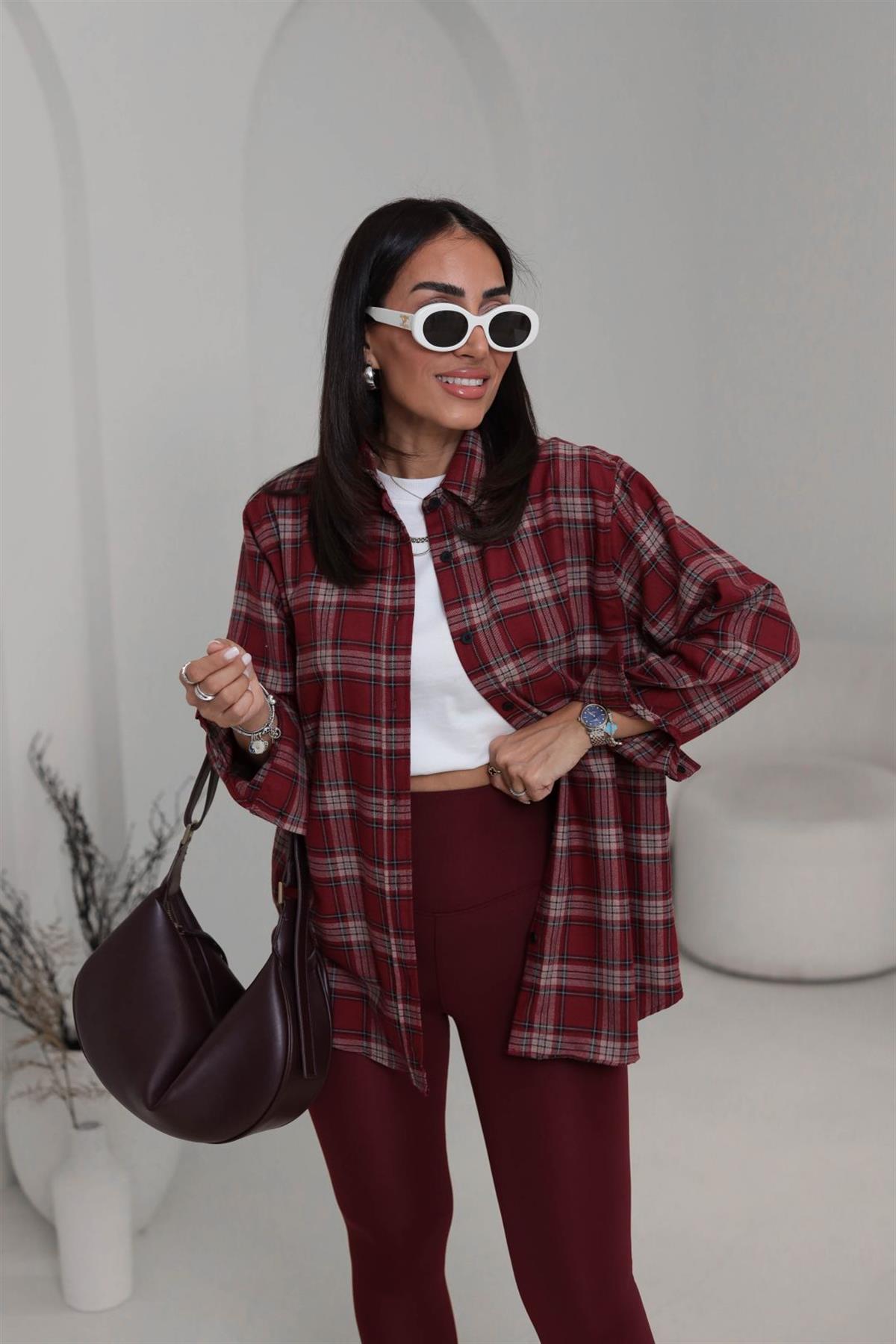6835 Oversize Kareli Oduncu Gömlek BORDO