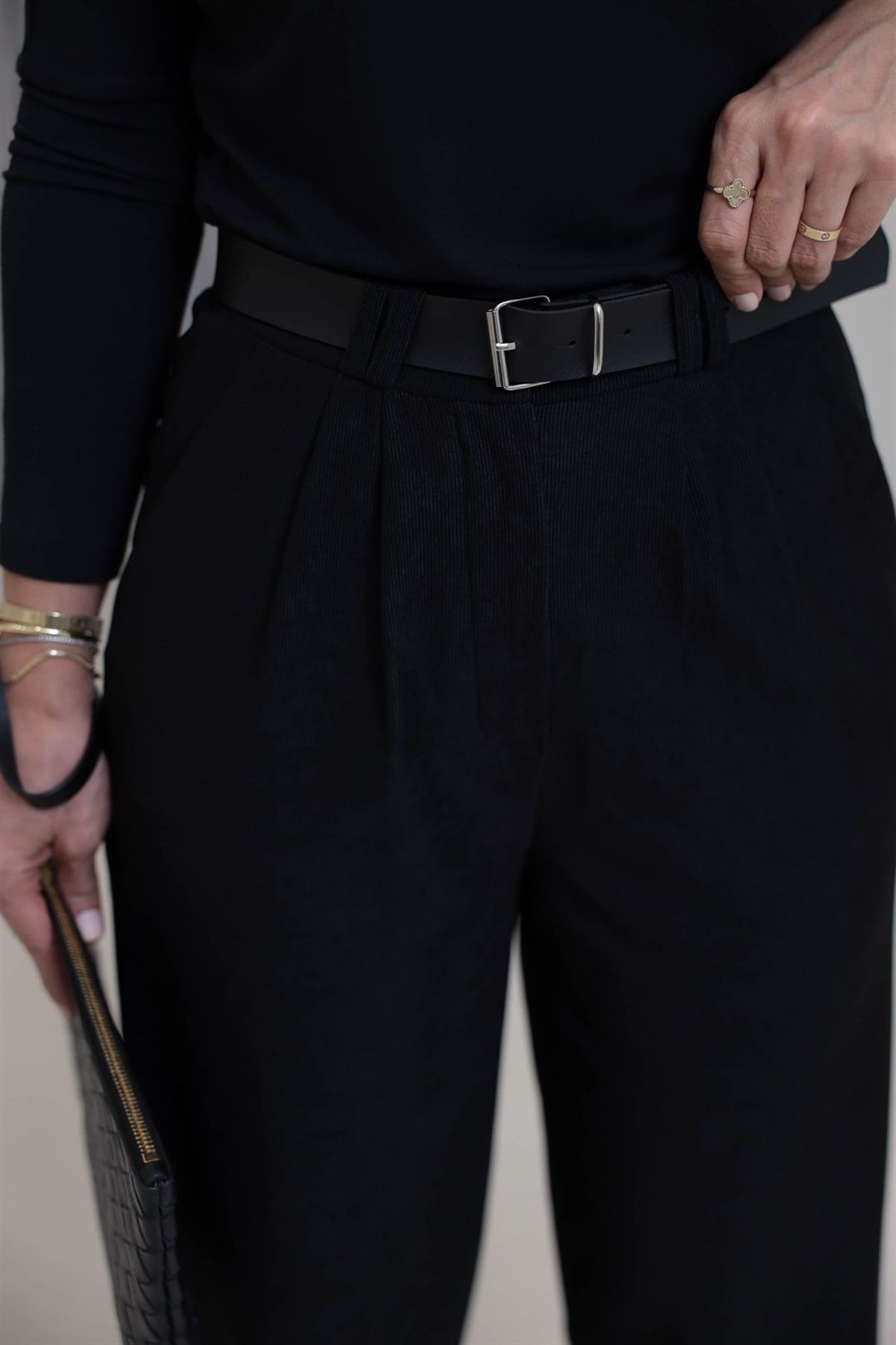 3290 Kemerli Fitilli Kumaş Palazzo Pantolon SİYAH