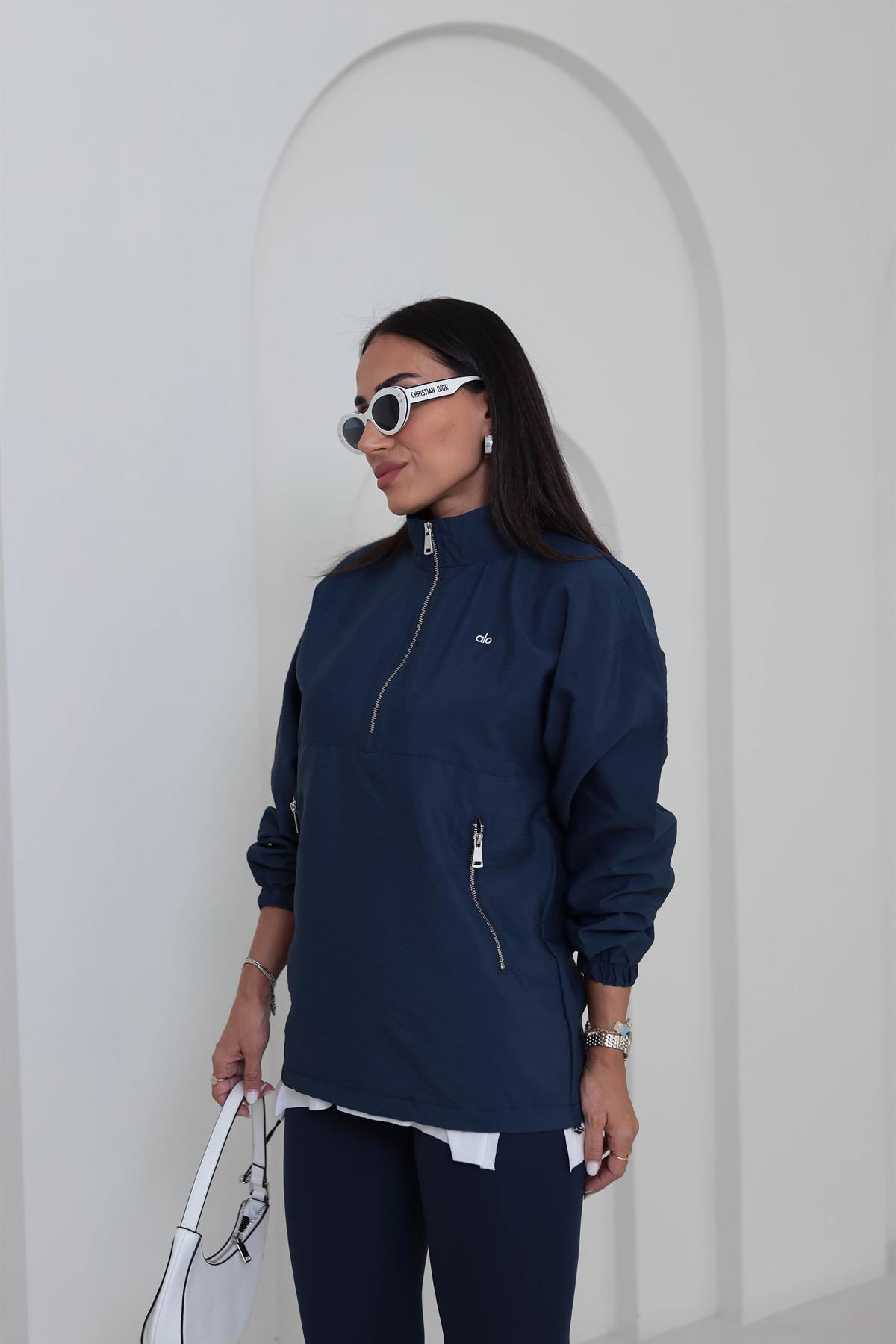 2120 Yazı Baskılı Rahat Paraşüt Sweatshirt LACİVERT