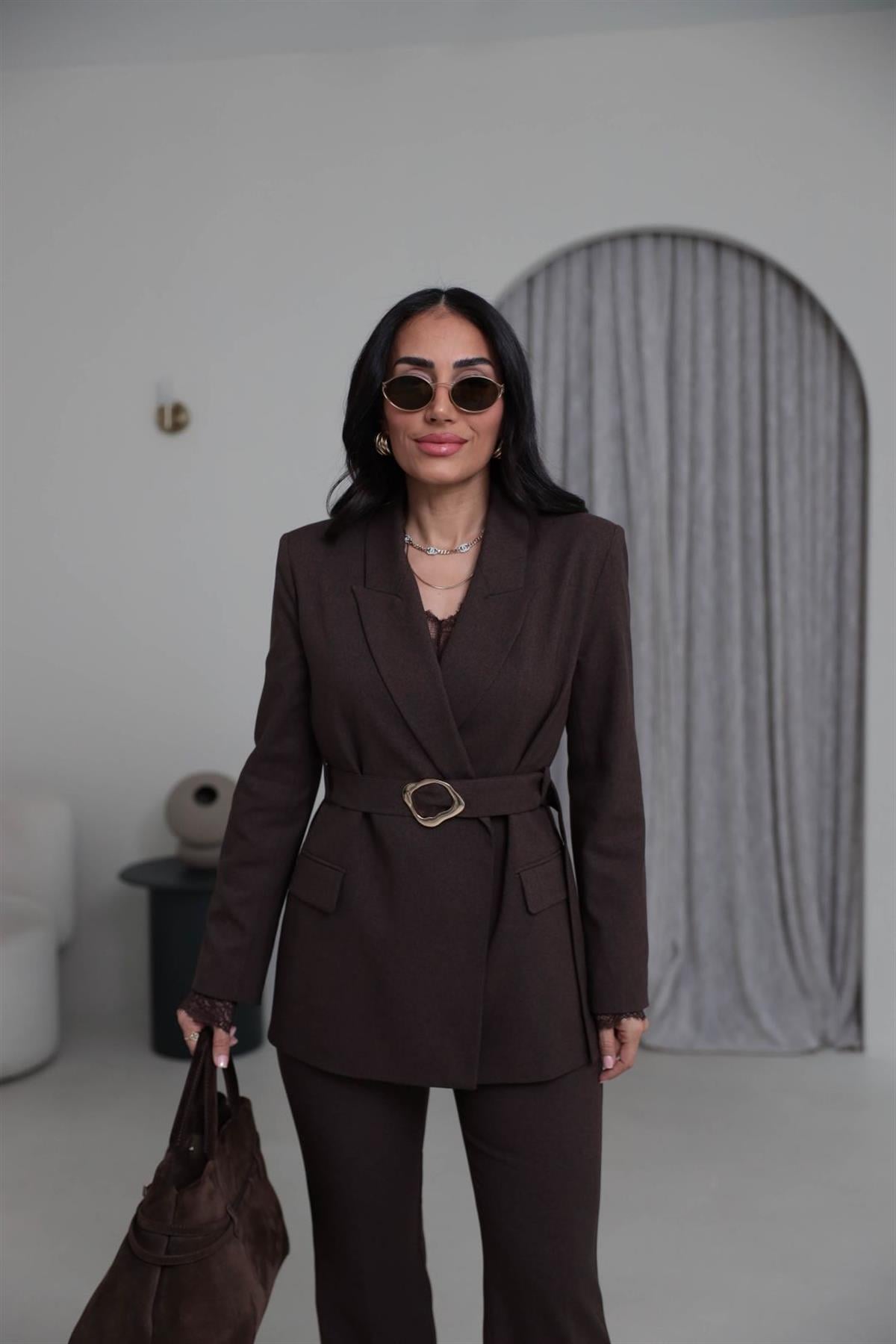 0310 Kemerli Ceketli Pantolon Takım KAHVE