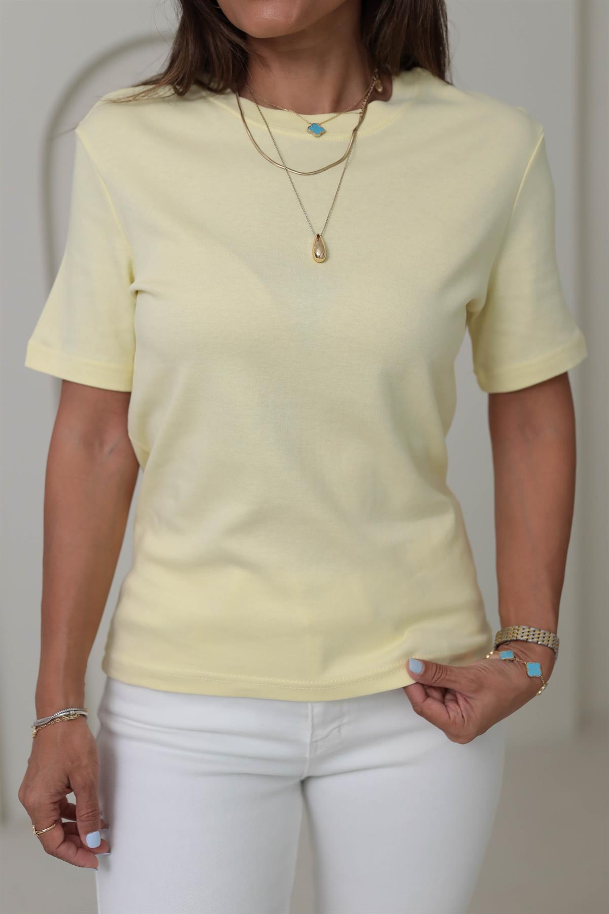 1075 Bisiklet Yaka Pamuklu Basic Tshirt AÇIK SARI