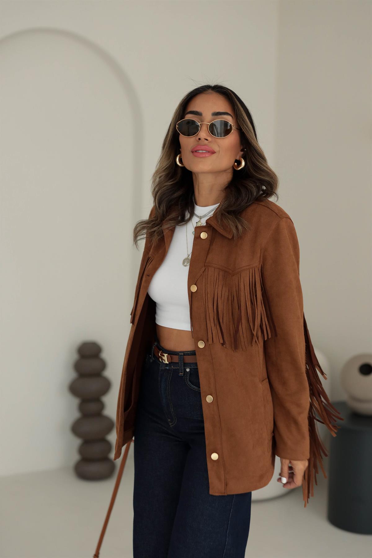 5156 Püsküllü Vatkalı Süet Ceket