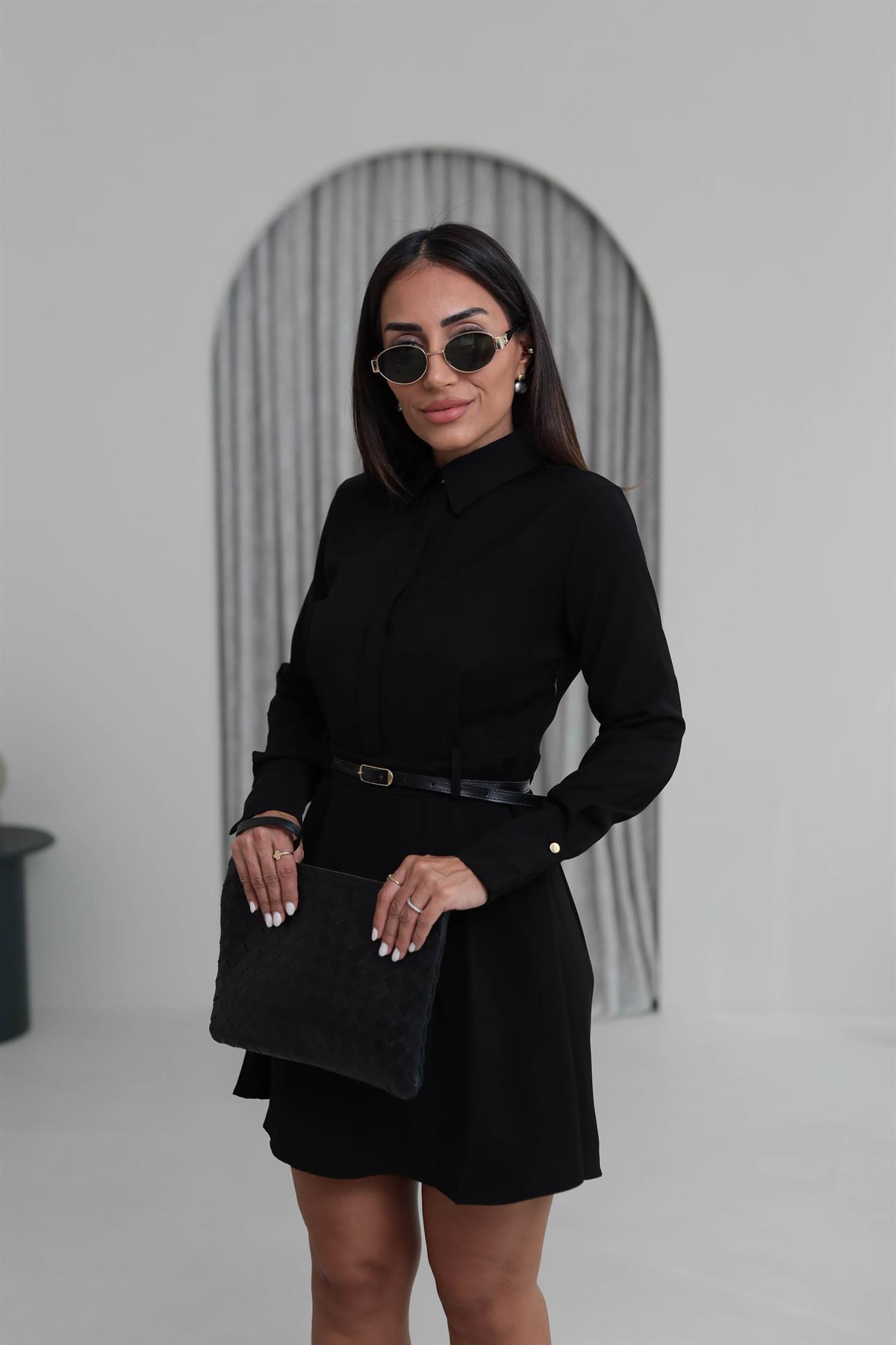 8171 Pensli Kemerli Gömlek Elbise SİYAH