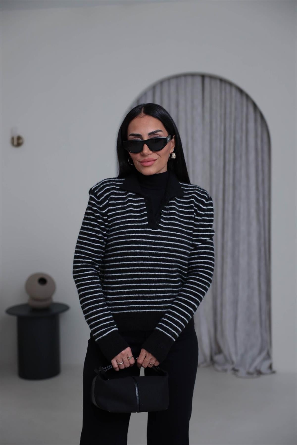 4968 Polo Yaka Yarım Düğmeli Çizgili Kazak SİYAH