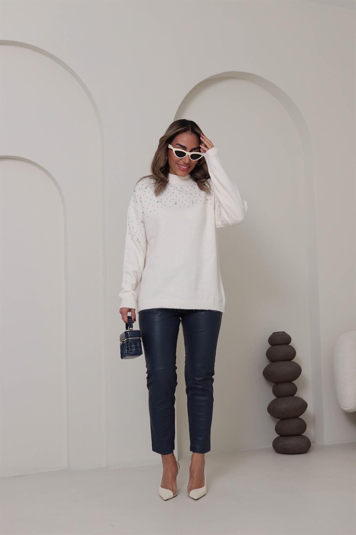 3410 Krokodil Parçalı Deri Pantolon