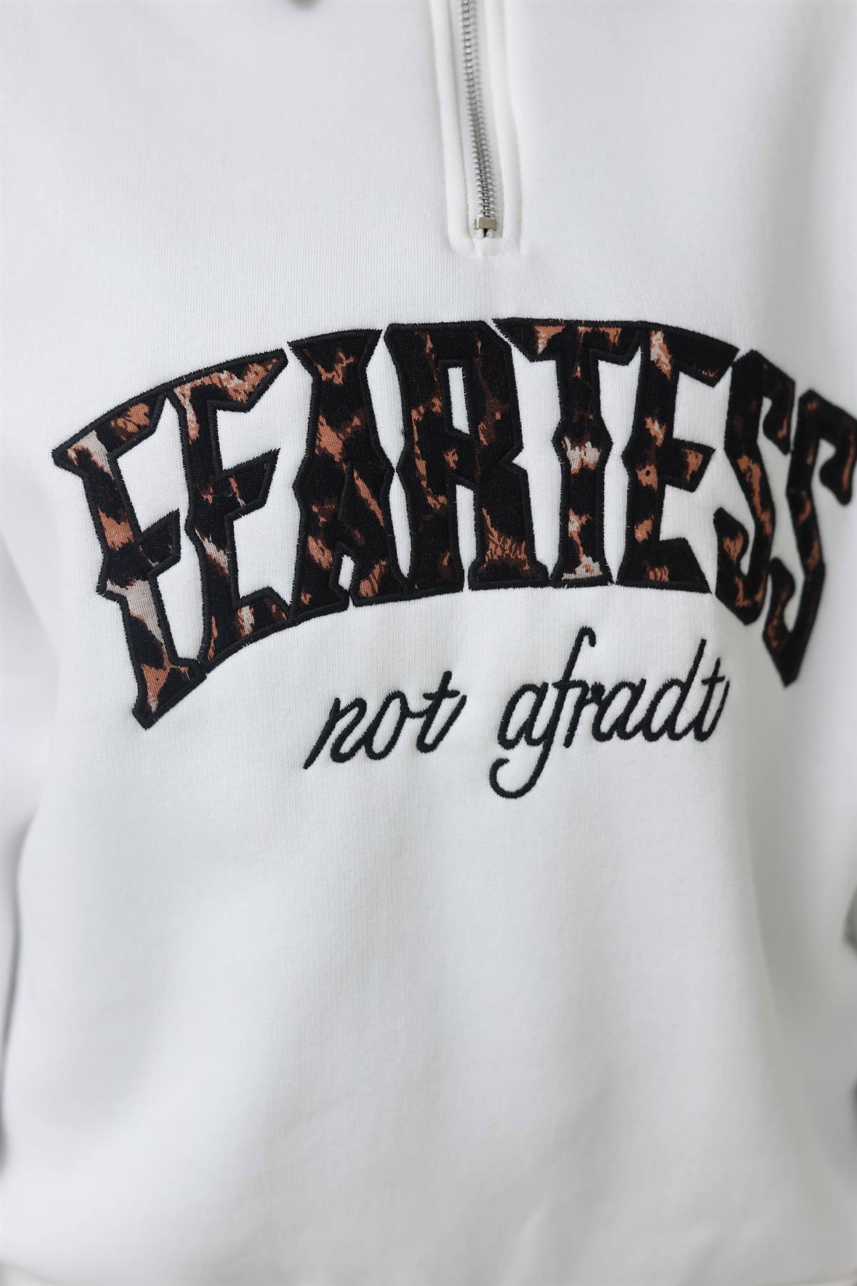 Leopar Yakalı Nakışlı Şardonlu Sweatshirt EKRU
