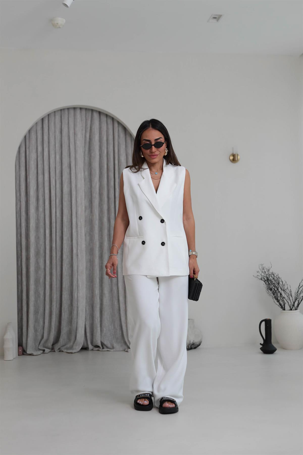 0382 Kruvaze Yaka Yelek Pantolon Tencel Takım BEYAZ