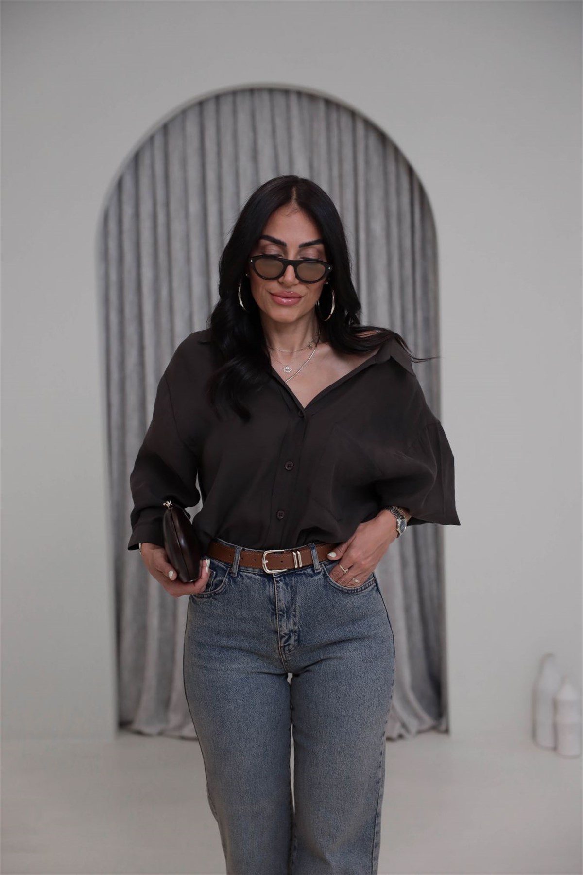 4612Y Tencel Omzu Düşük Oversize Gömlek ACI KAHVE