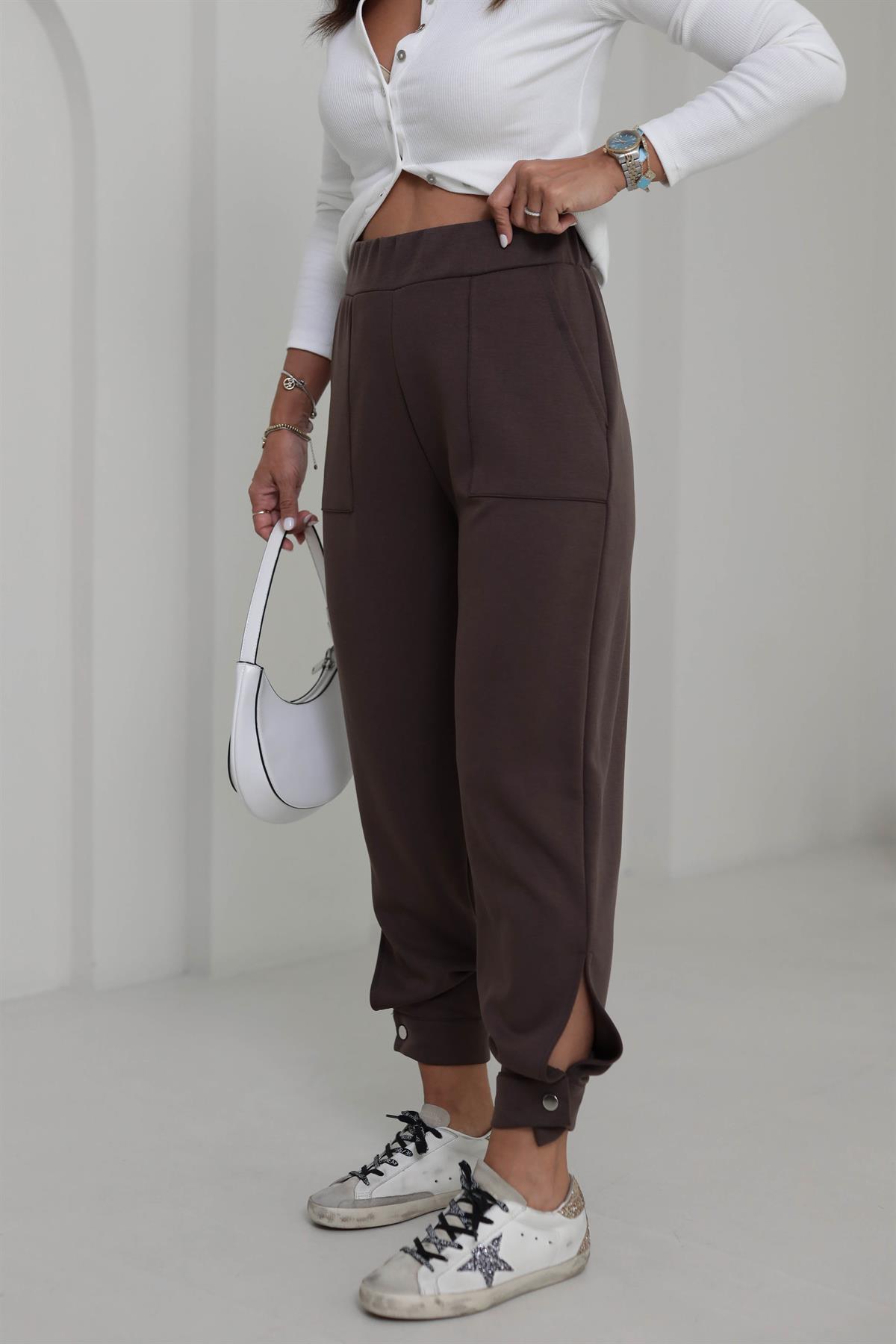 4591 Paçası Düğme Detaylı Cepli Modal Pantolon KAHVE