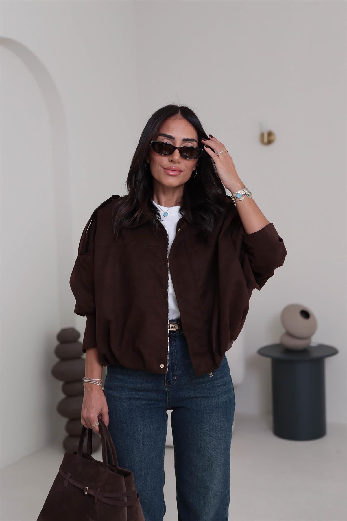 0493 Gömlek Yaka Apoletli Süet Bomber ACI KAHVE