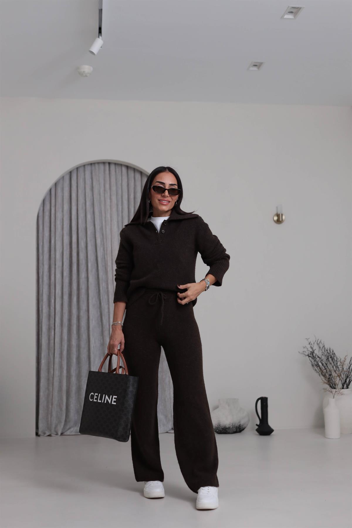 5051 Bağcıklı Triko Pantolon ACI KAHVE