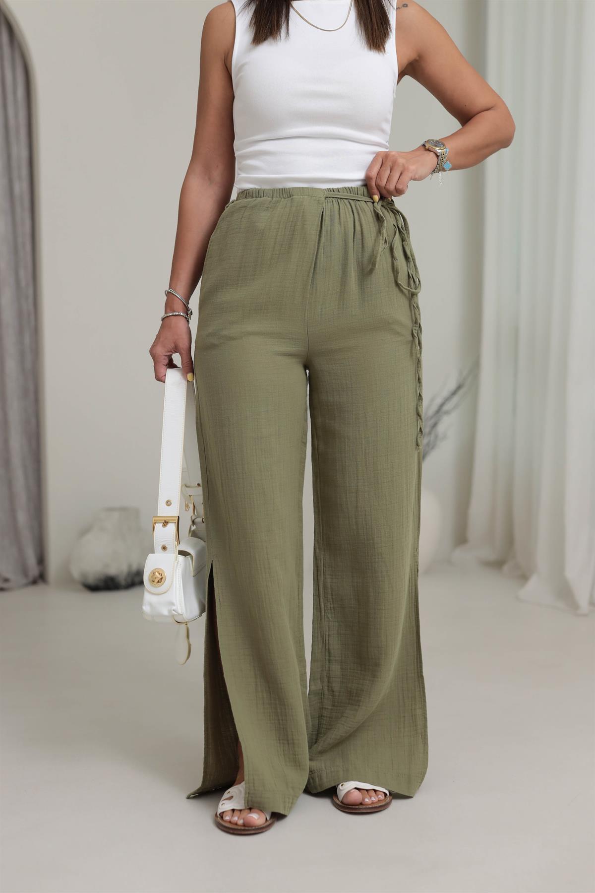 8028 Paça Yırtmaçlı Müslin Pantolon YEŞİL