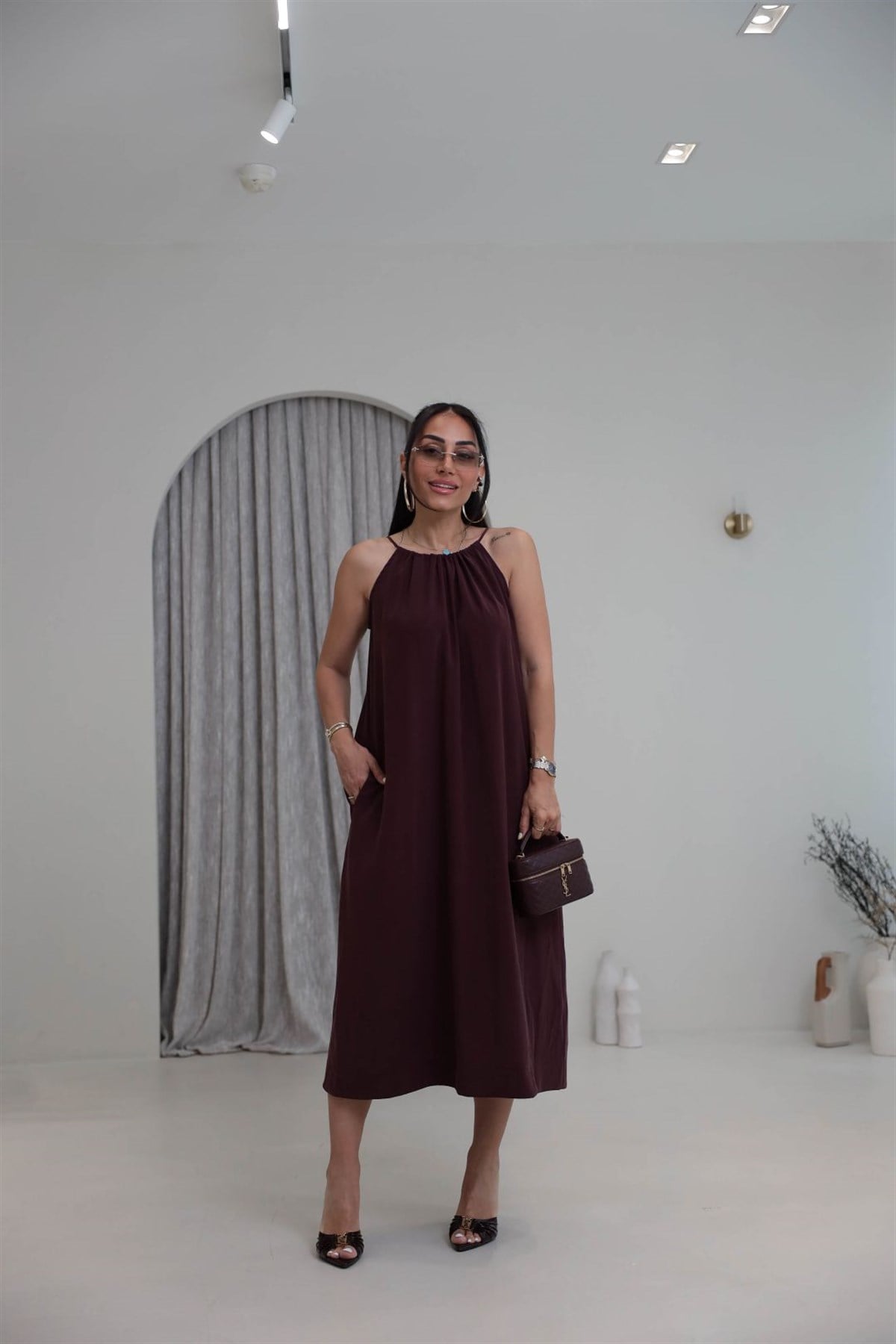 1106C İpli Halter Yaka Cepli Tencel Elbise BORDO