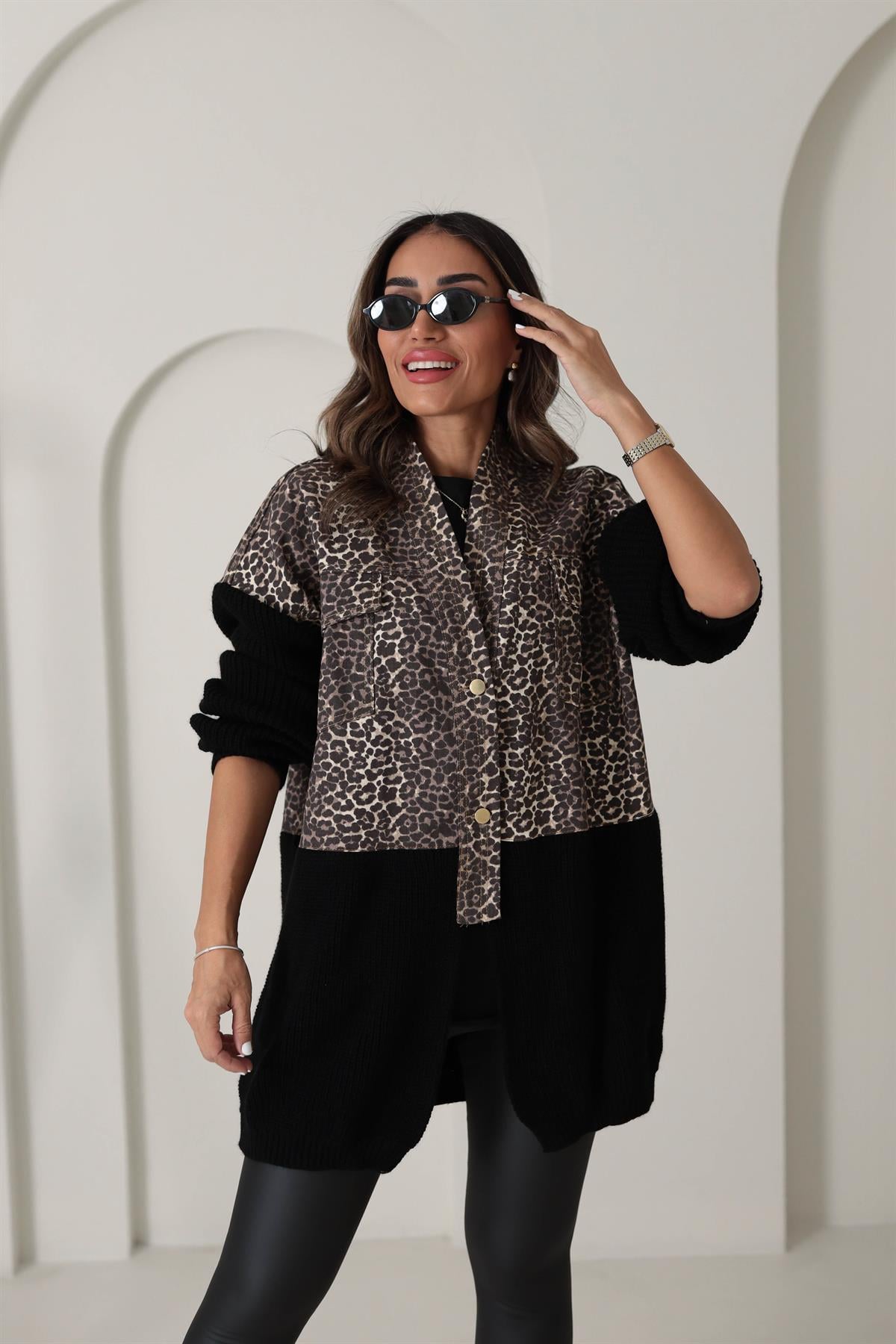 4139 Tasarım Triko ve Kot Garnili Ceket Hırka LEOPAR KAHVE