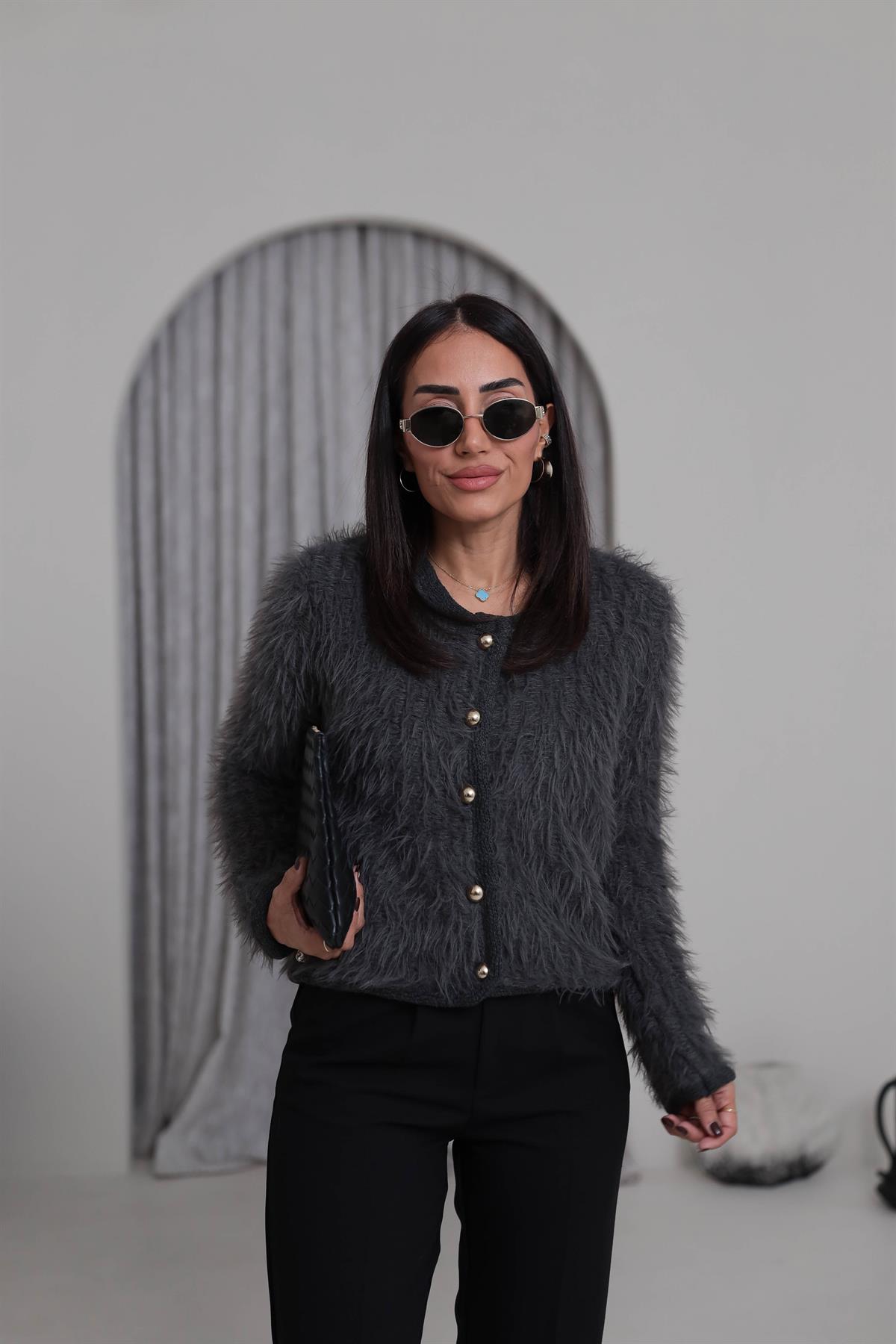 4938 Gold Düğme Detaylı Sakalı Hırka GRİ